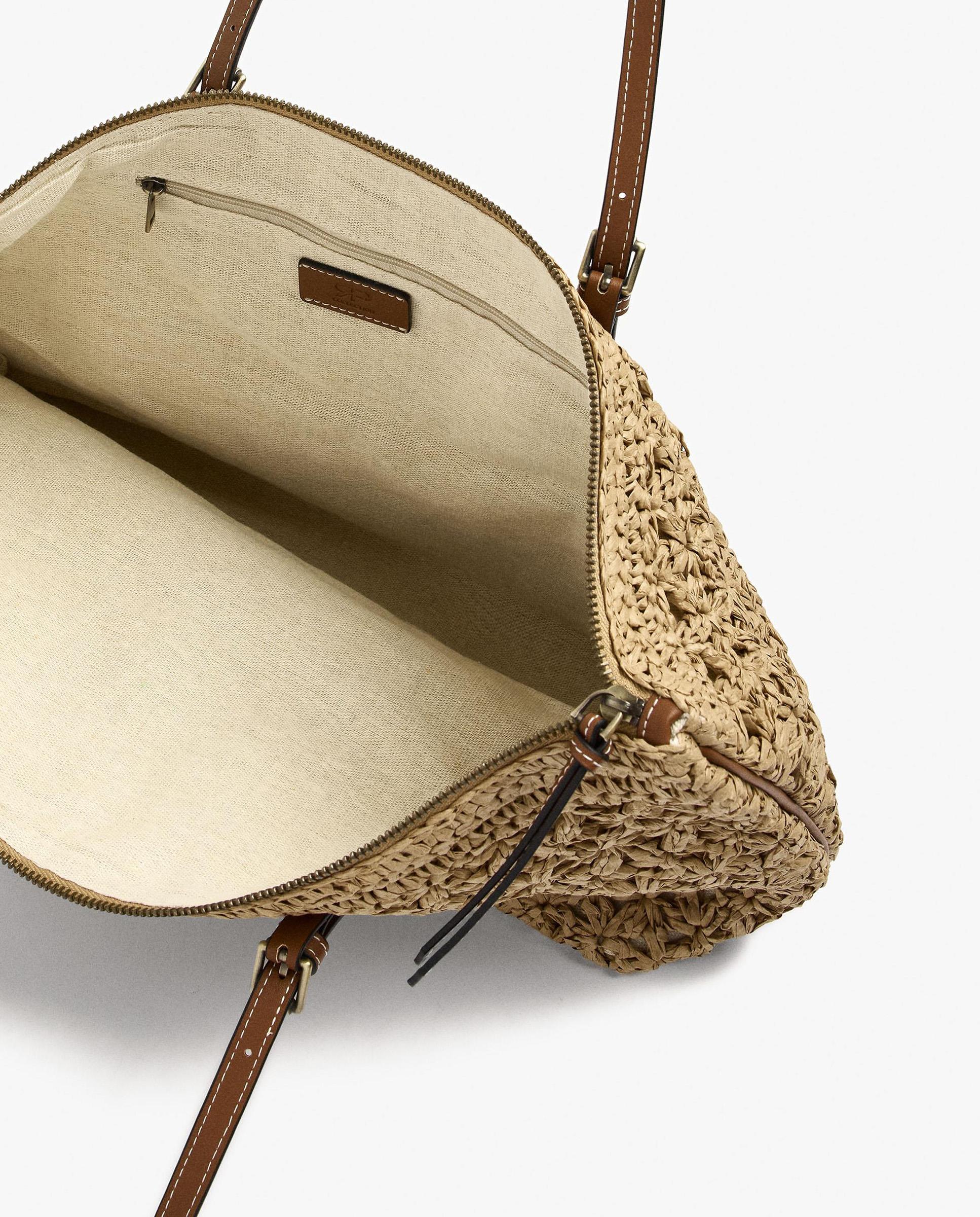Shopper grande efecto rafia con cierre de cremallera en liso - Parfois - Natural Natural-5