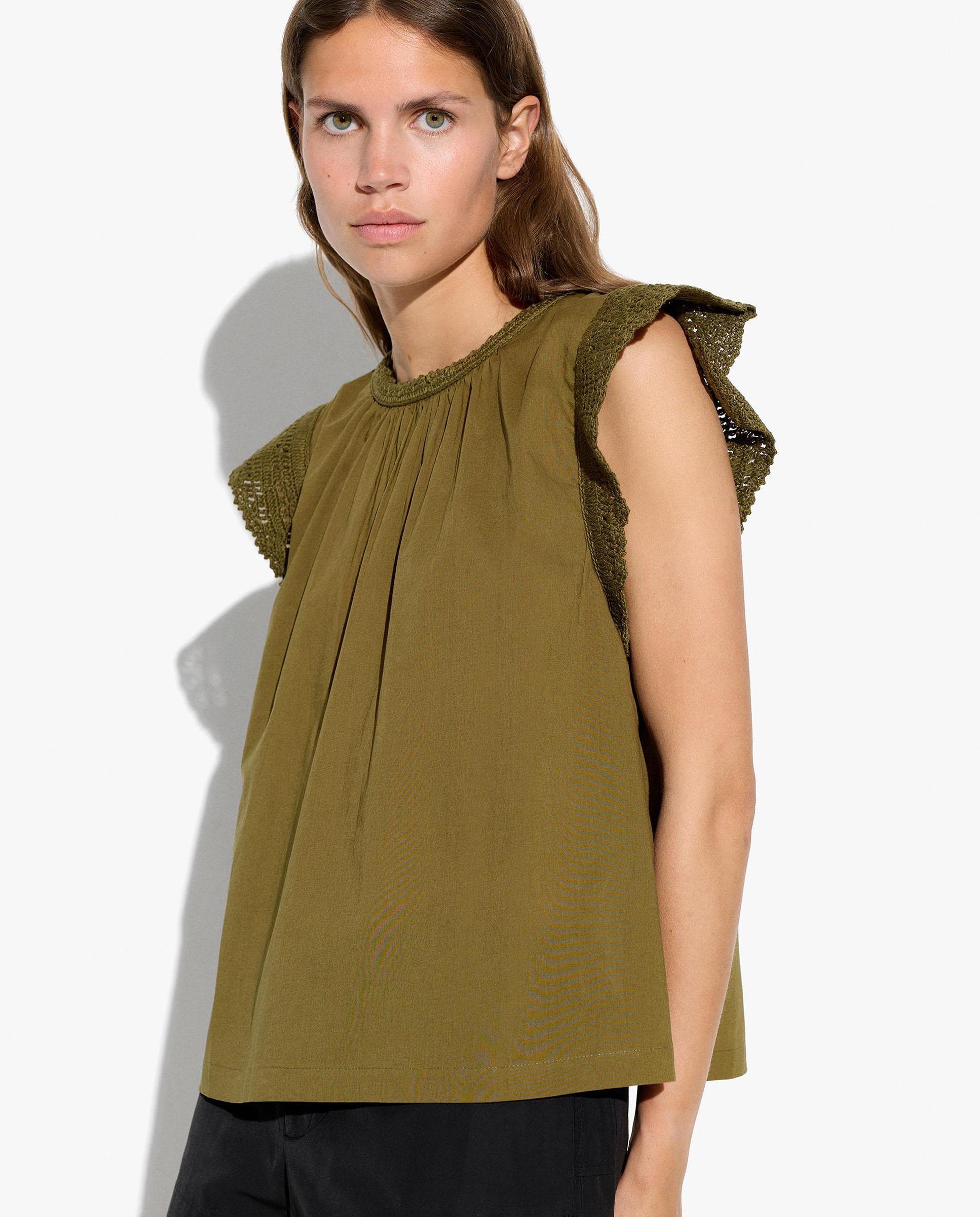 Top de mujer 100% algodón sin mangas con detalles bordados - Parfois - Kaki Kaki-1