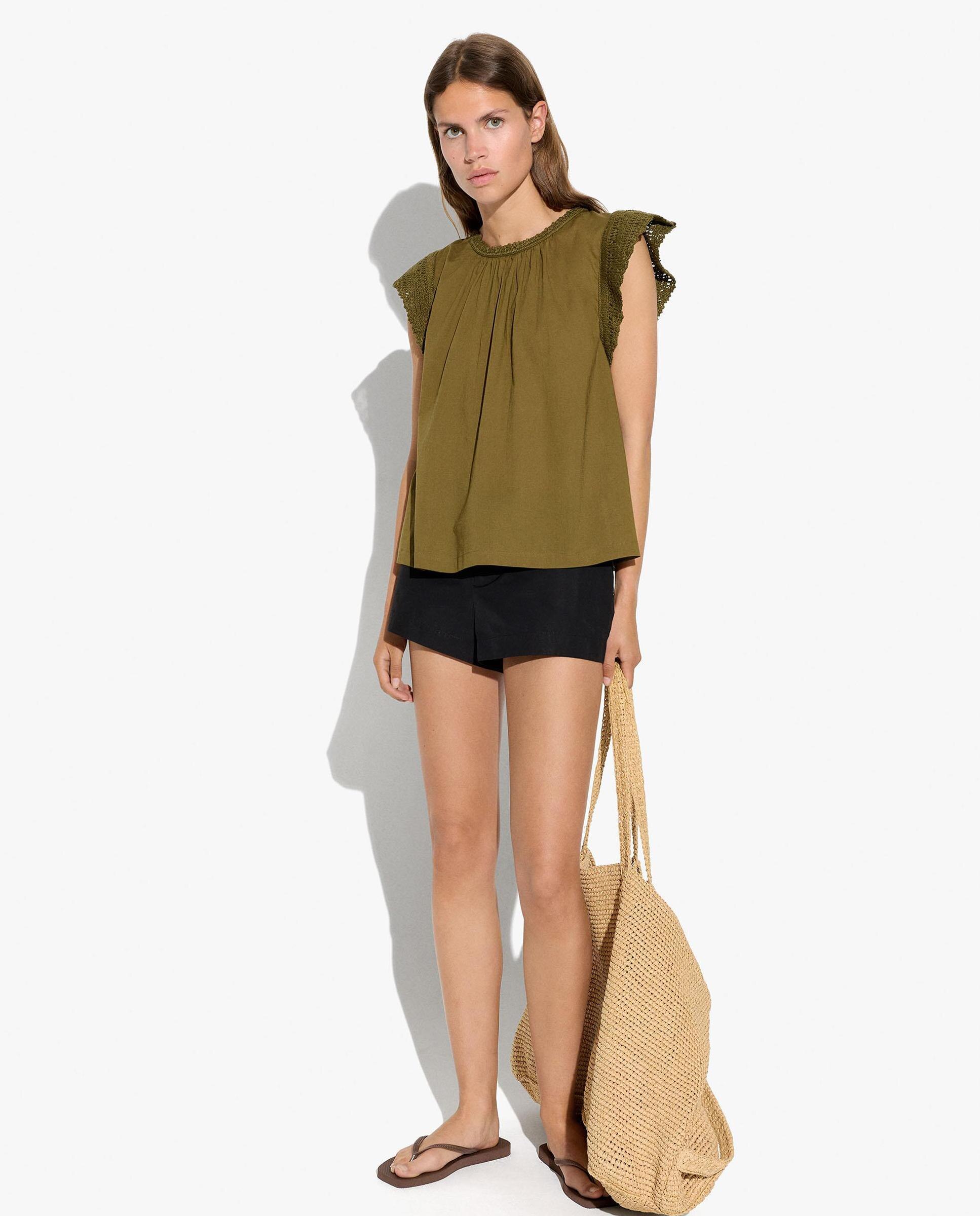 Top de mujer 100% algodón sin mangas con detalles bordados - Parfois - Kaki Kaki-2