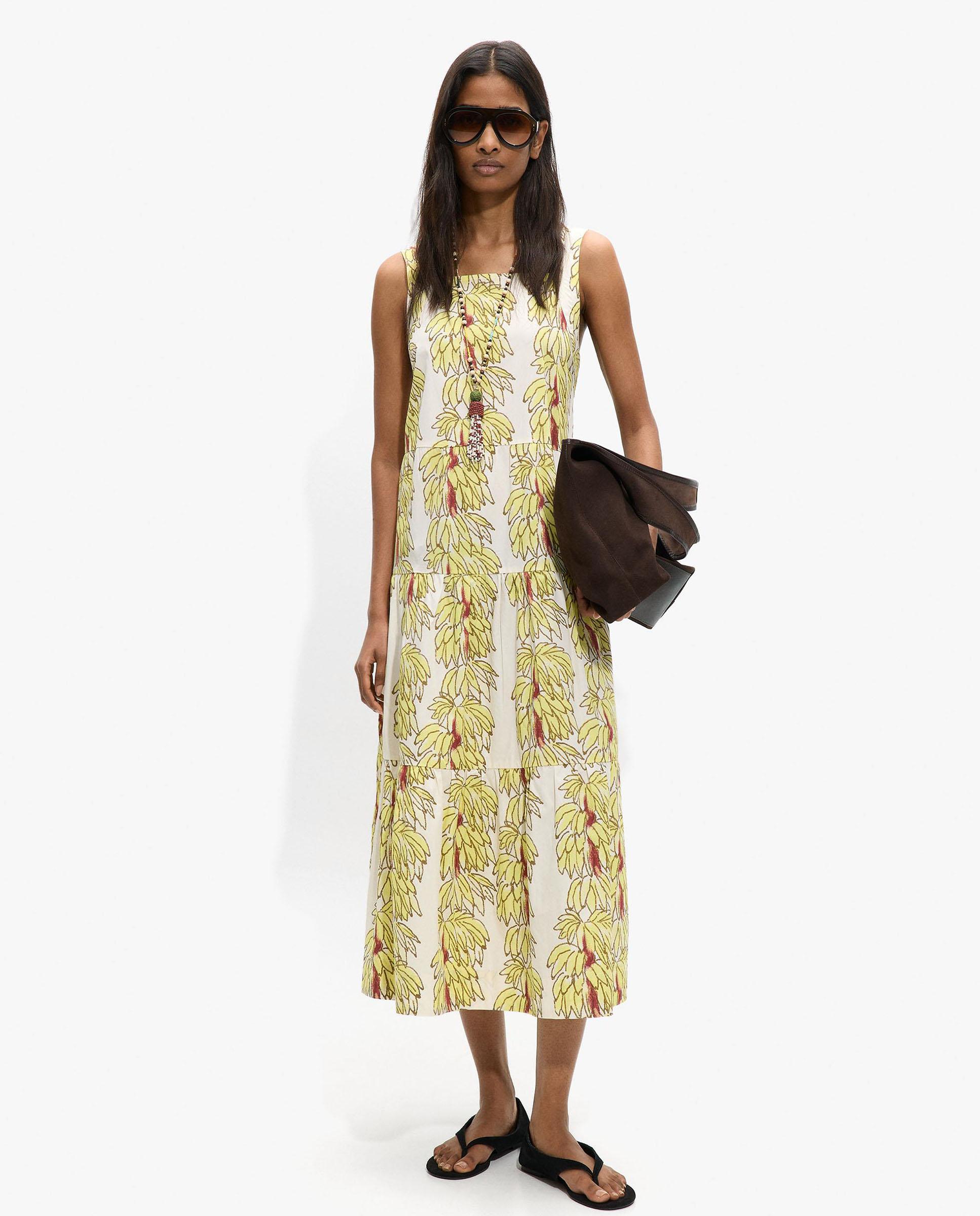Parfois - Vestido midi 100% algodón con estampado de palmeras.