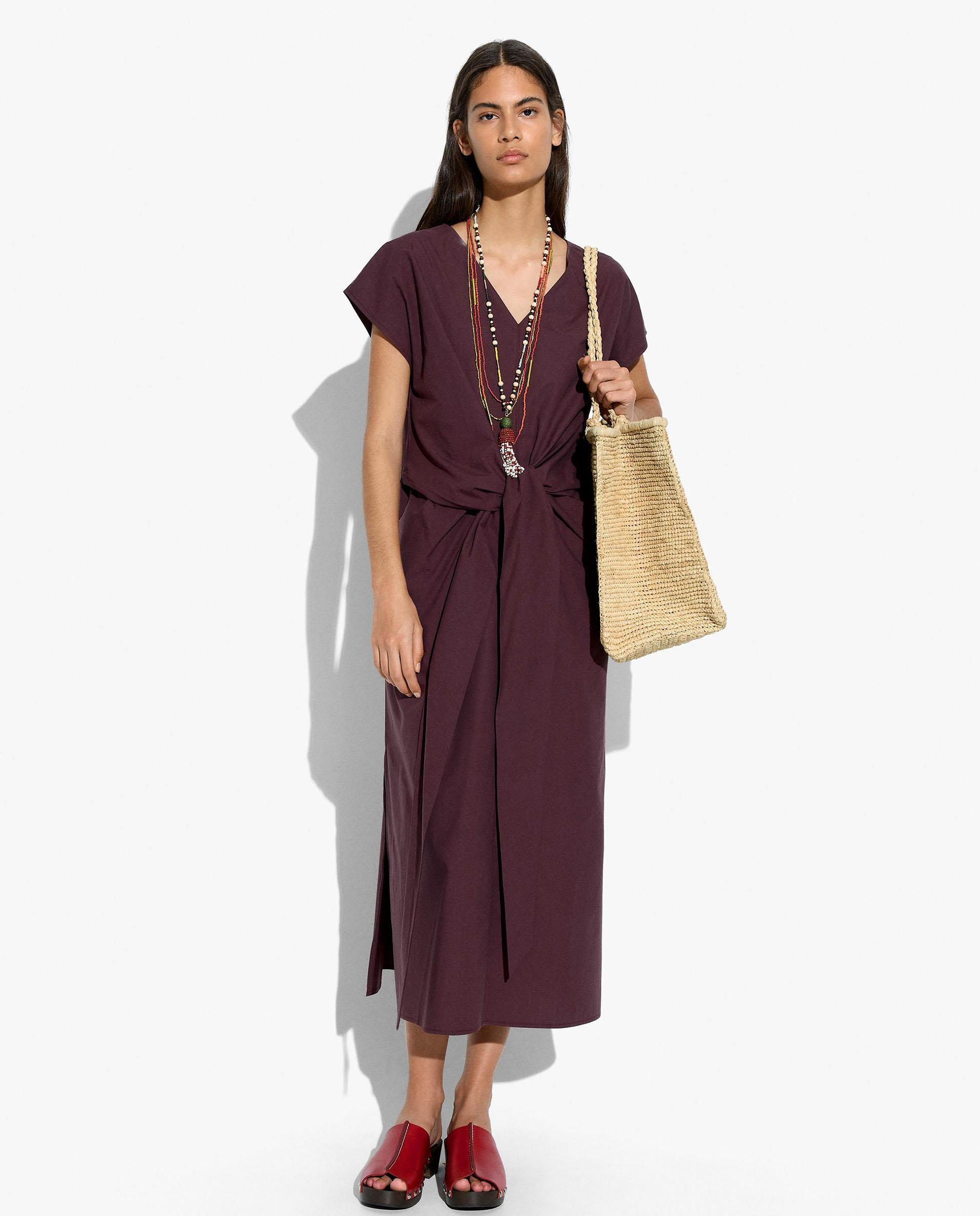 Parfois - Vestido midi 100% algodón de manga corta con fruncido central.