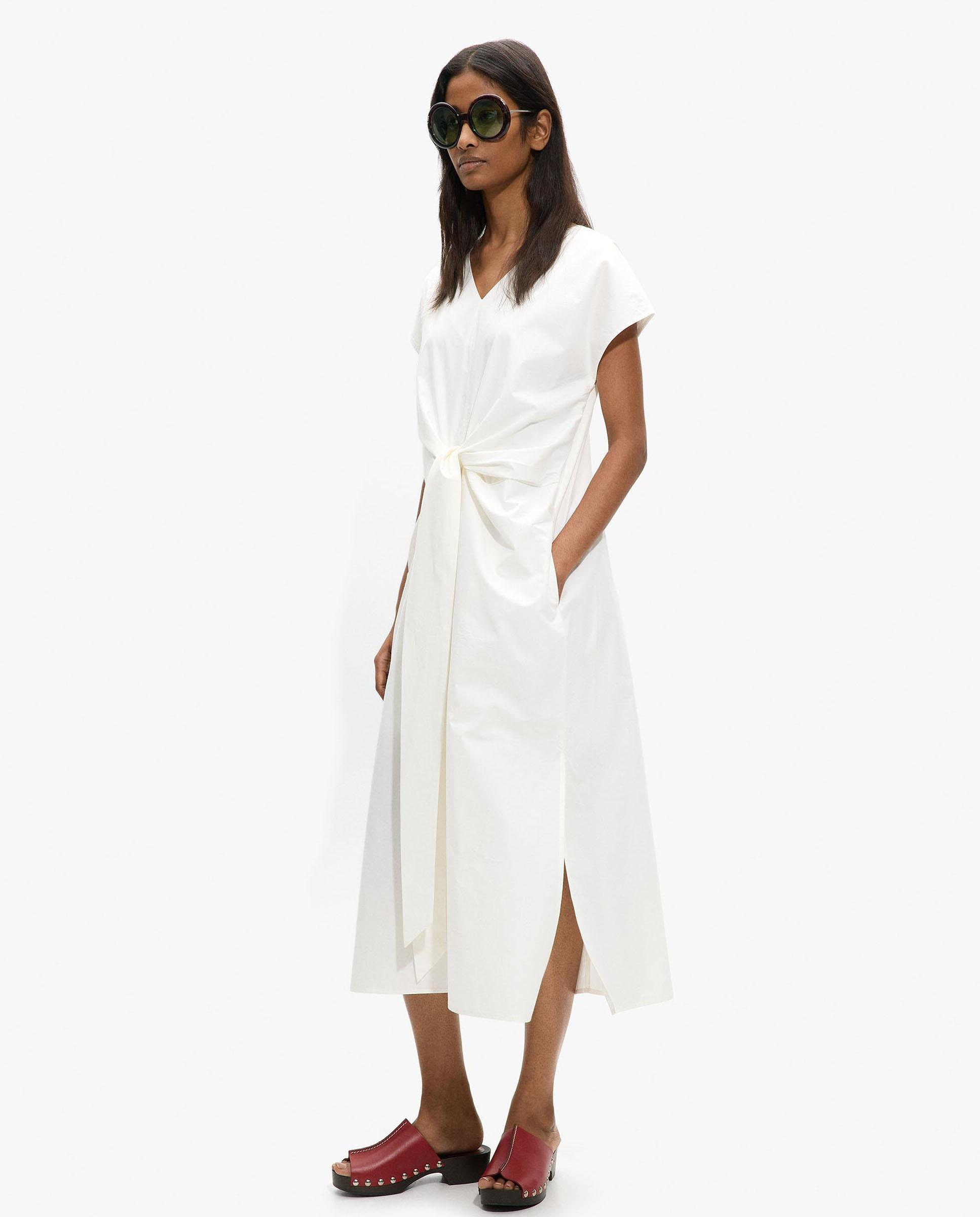 Vestido midi 100% algodón con fruncido central en liso - Parfois - Crudo Crudo-1