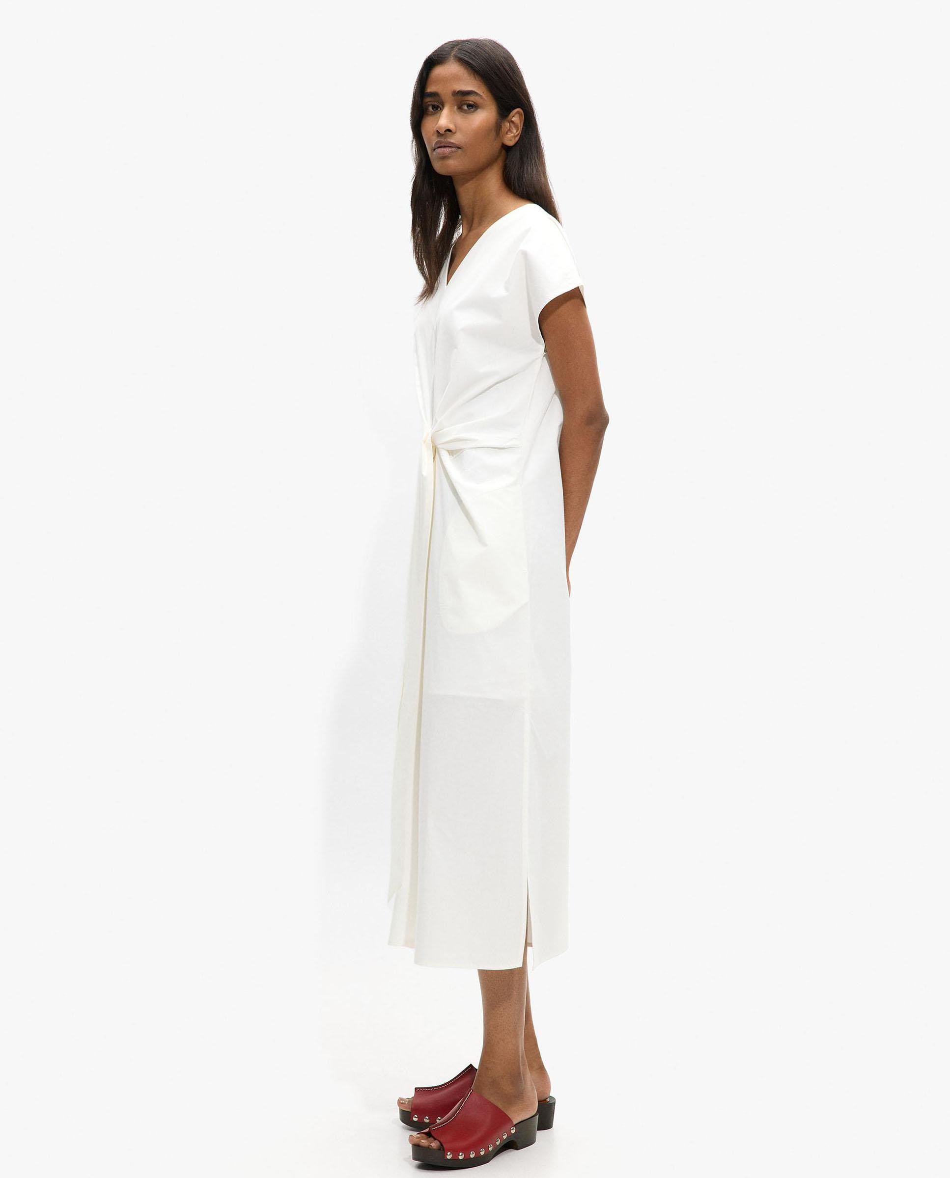 Vestido midi 100% algodón con fruncido central en liso - Parfois - Crudo Crudo-2