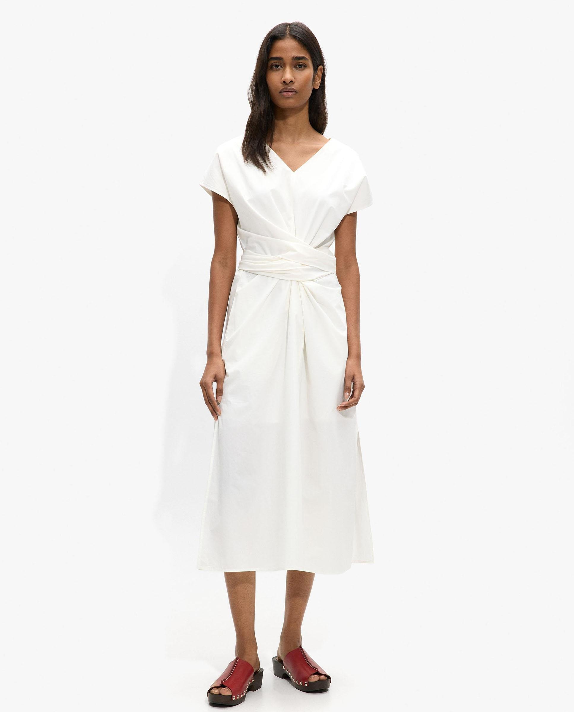 Vestido midi 100% algodón con fruncido central en liso - Parfois - Crudo Crudo-4