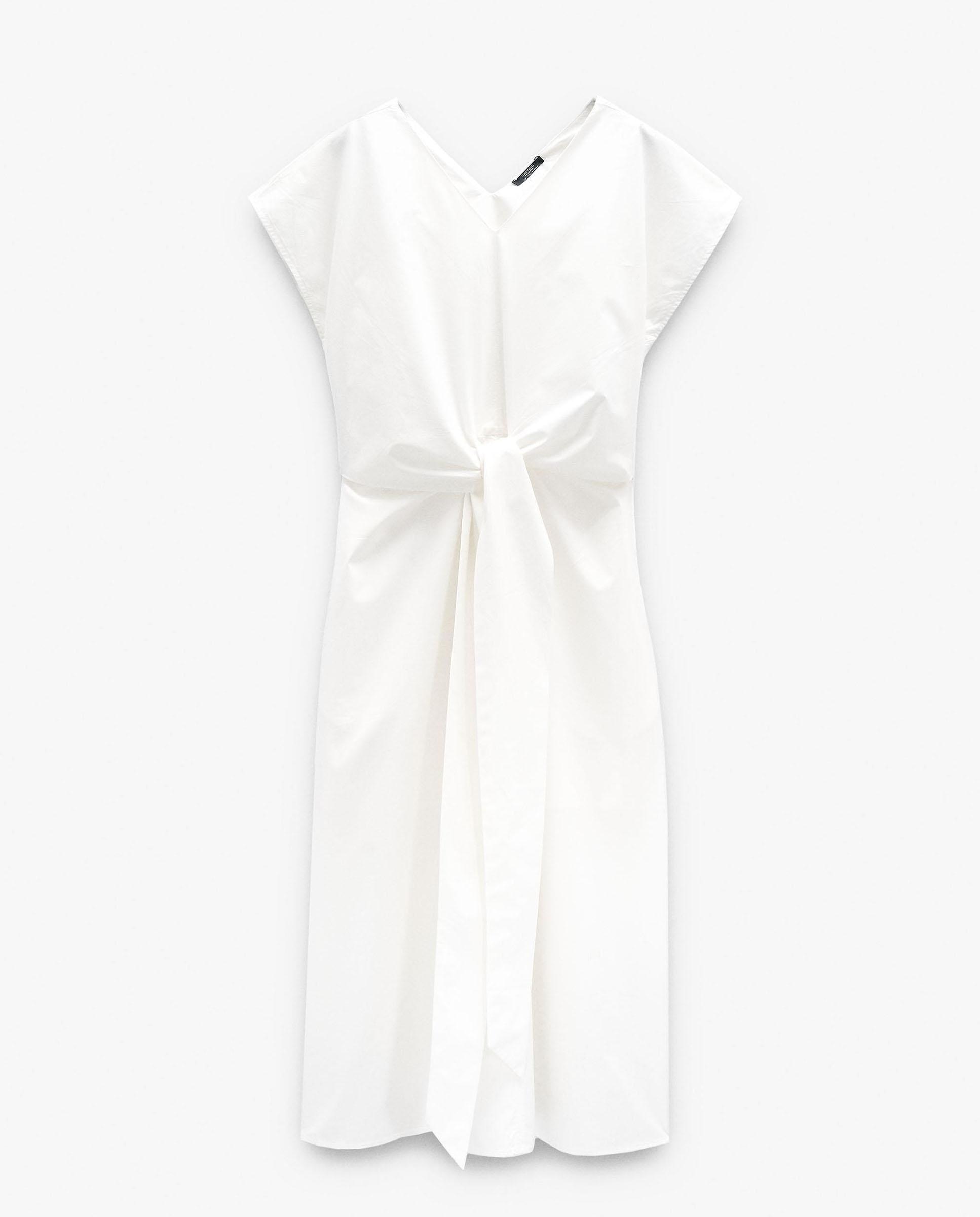 Vestido midi 100% algodón con fruncido central en liso - Parfois - Crudo Crudo-6