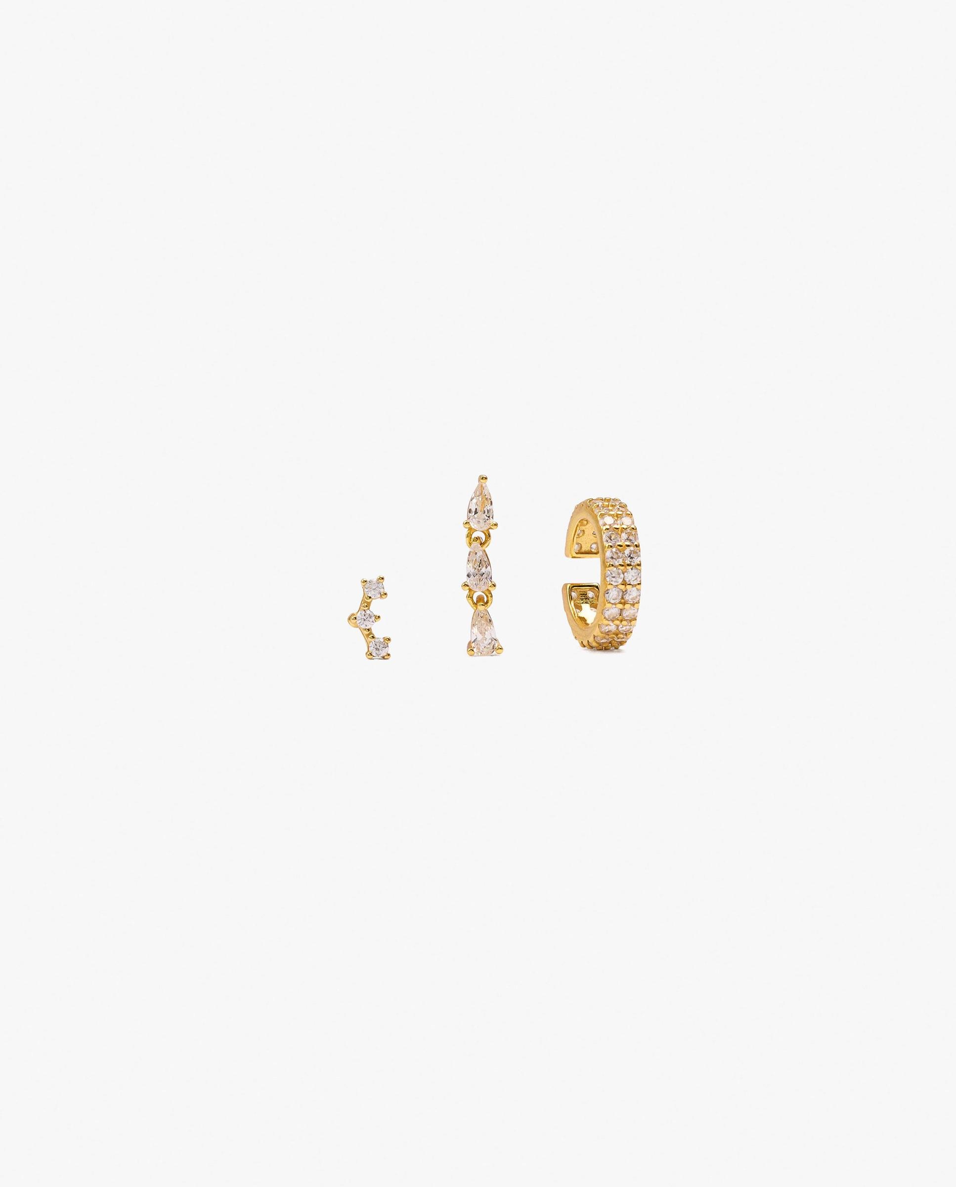 Pack de pendientes de plata de ley con baño de oro de 18 k con circonitas - Parfois - Blanco Blanco-1
