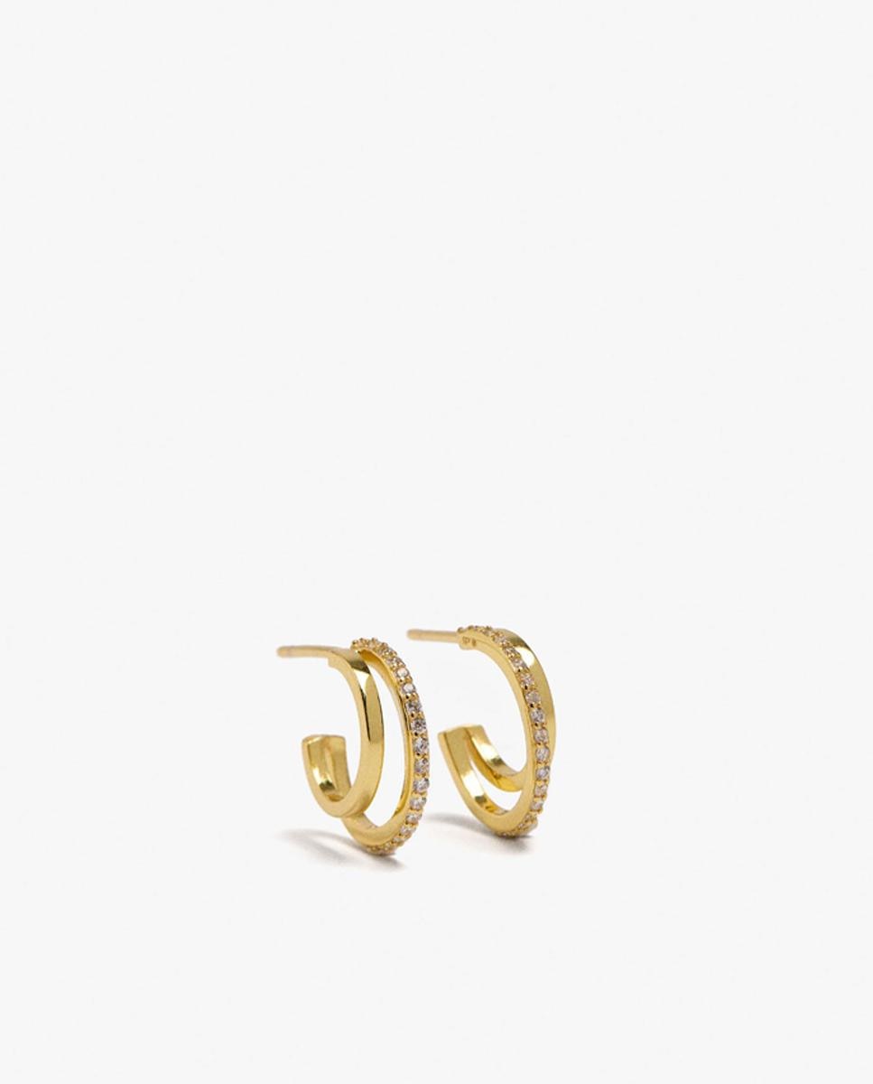 Pendientes de aro de plata de ley con baño de oro de 18 k dobles con circonitas - Parfois - Blanco Blanco-1