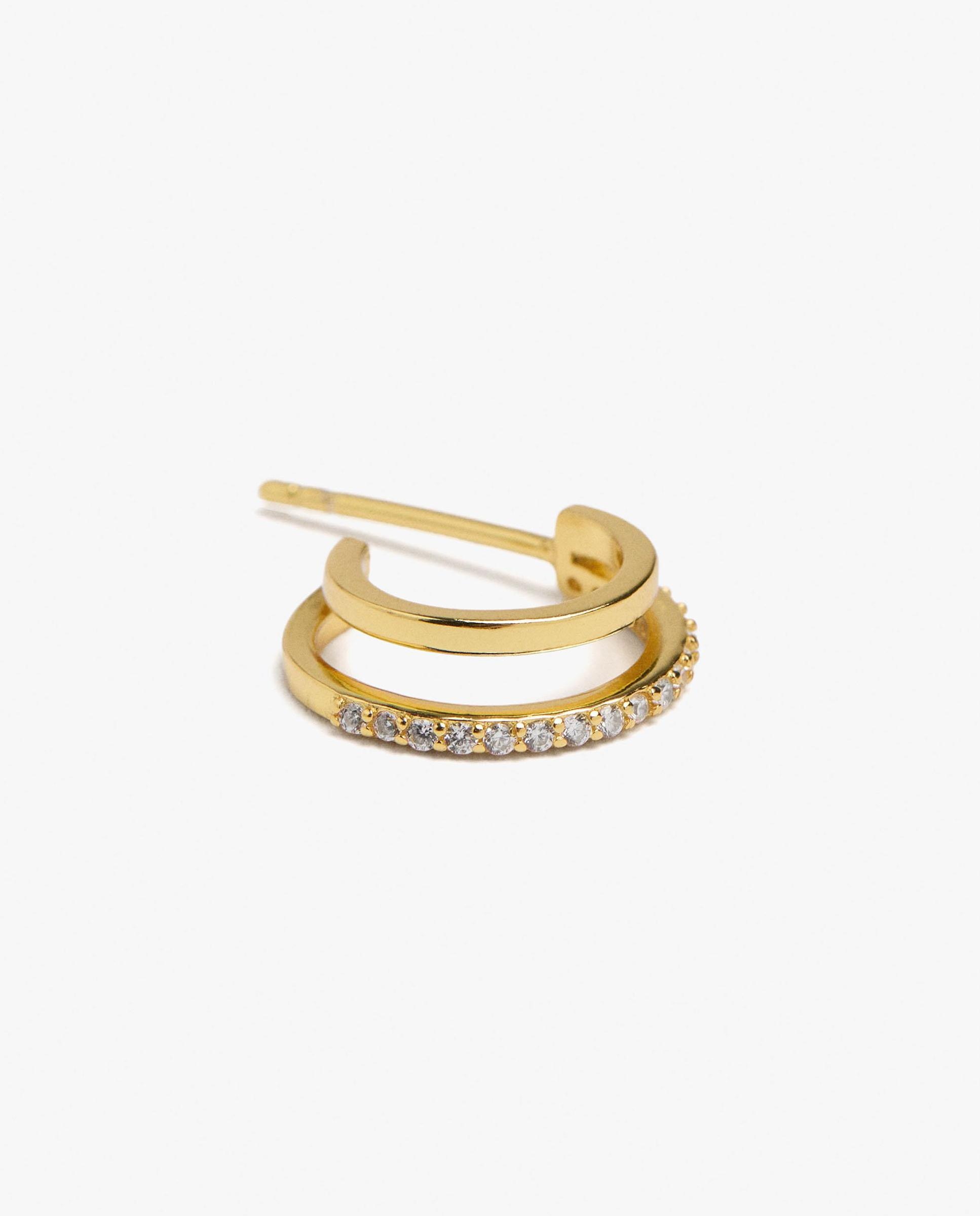 Pendientes de aro de plata de ley con baño de oro de 18 k dobles con circonitas - Parfois - Blanco Blanco-2