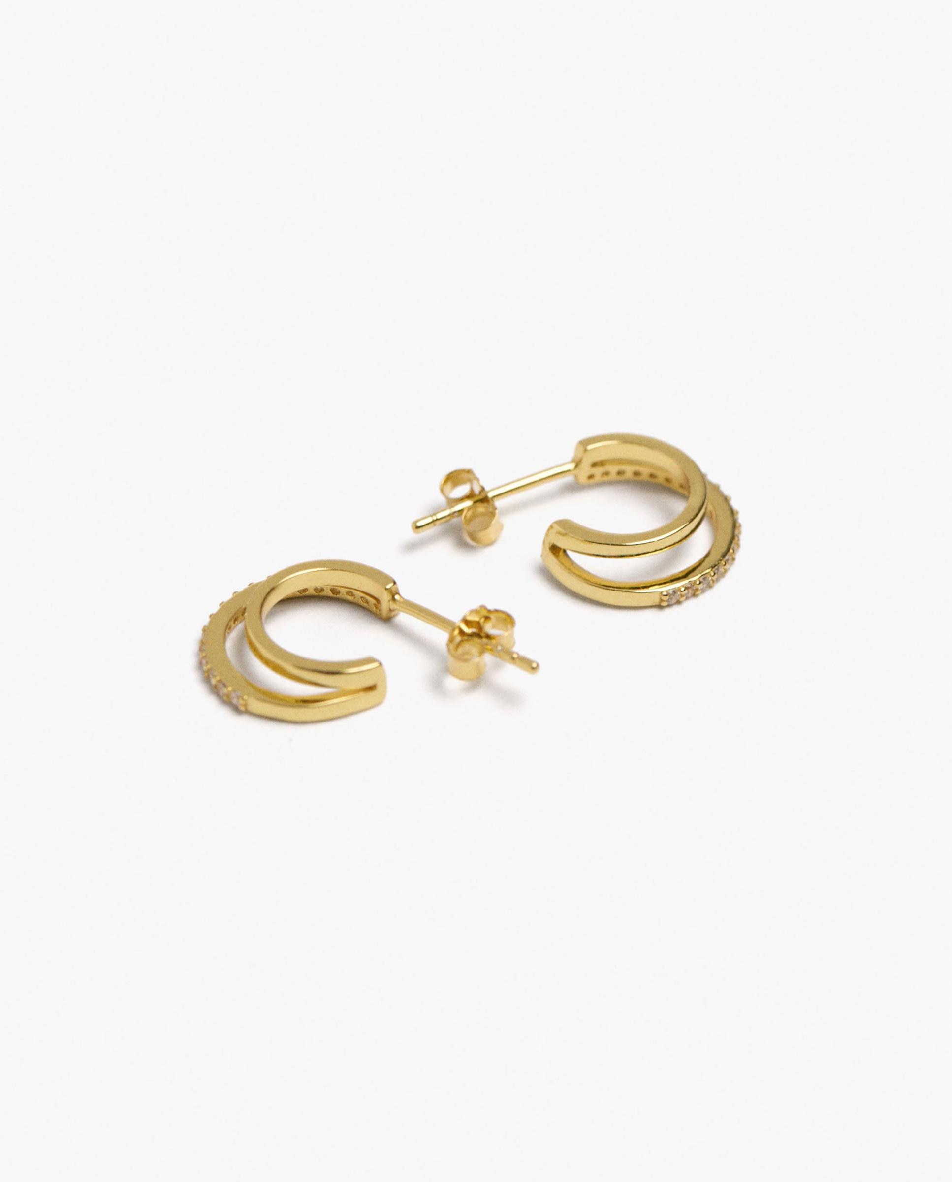 Pendientes de aro de plata de ley con baño de oro de 18 k dobles con circonitas - Parfois - Blanco Blanco-3
