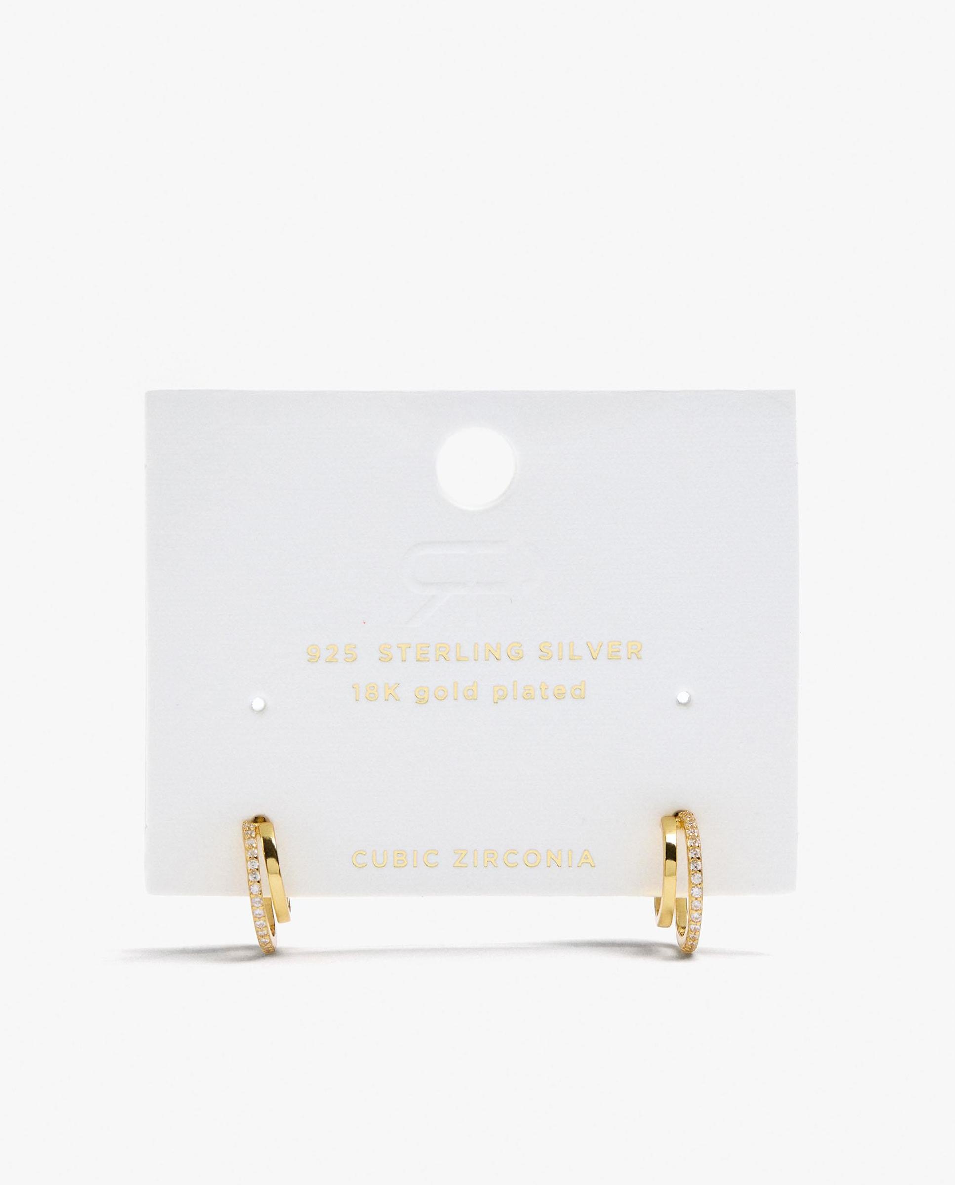 Pendientes de aro de plata de ley con baño de oro de 18 k dobles con circonitas - Parfois - Blanco Blanco-4
