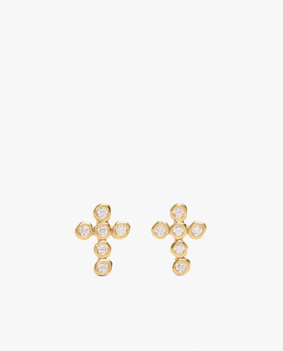 Pendientes de plata de ley con baño de oro de 18 k con forma de cruz con circonitas - Parfois - Blanco Blanco-1
