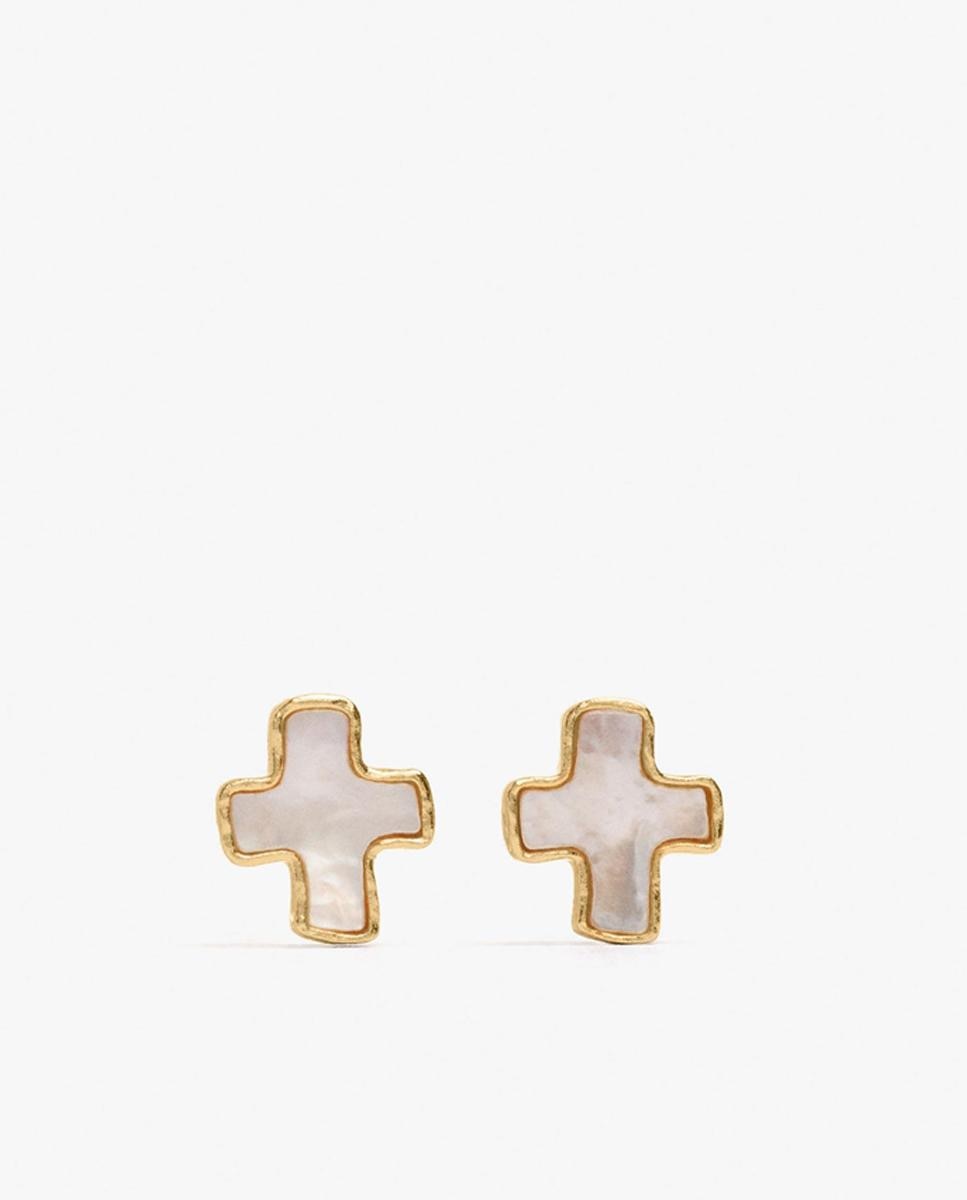 Pendientes de plata de ley con baño de oro de 18 k con forma de cruz - Parfois - Blanco Blanco-1