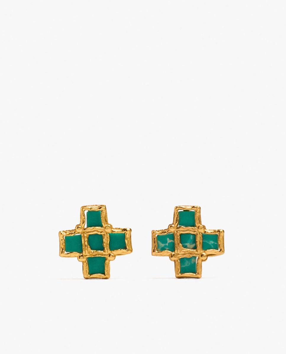Pendientes de plata de ley con baño de oro de 18 k con forma de cruz - Parfois - Verde Verde-1