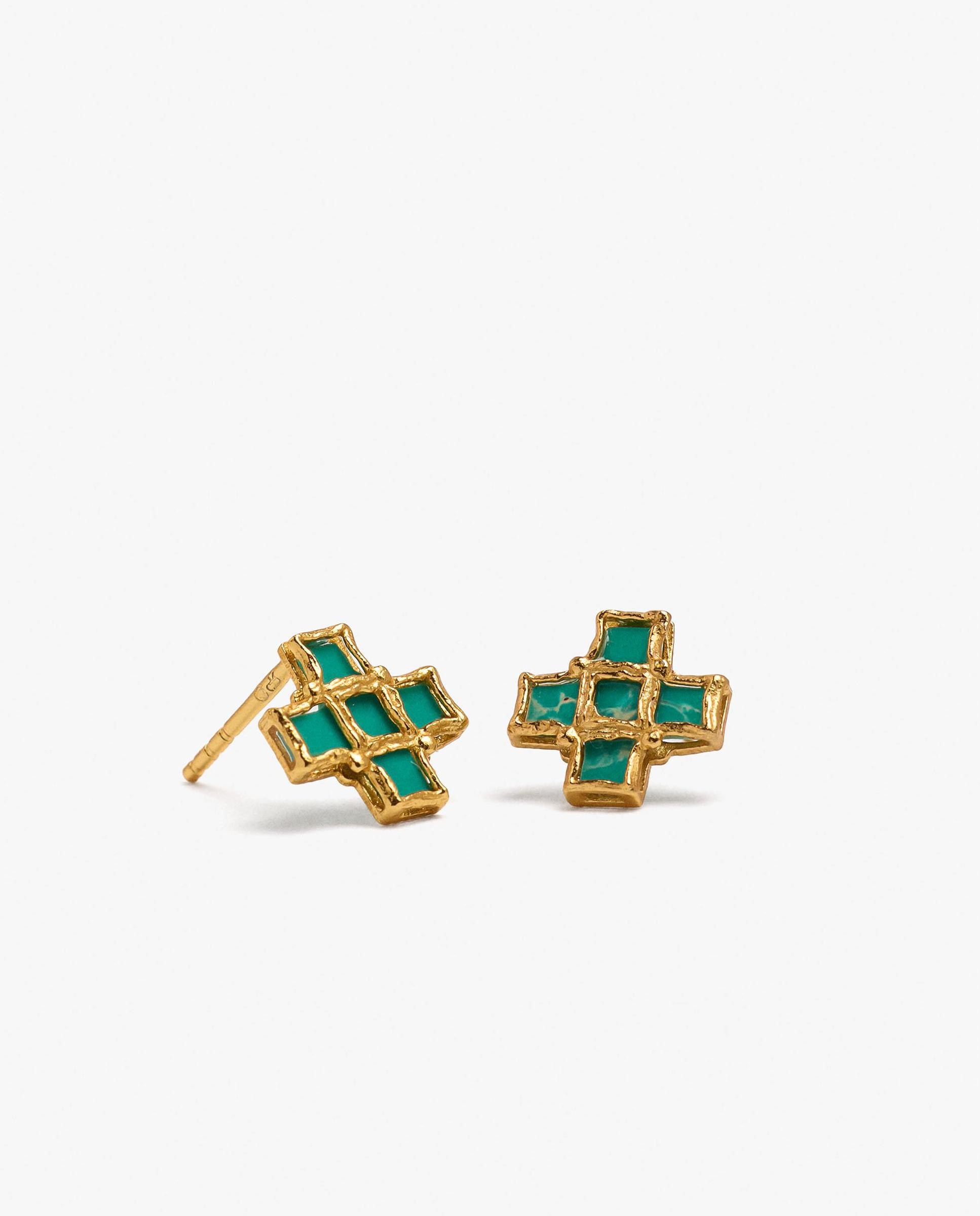 Pendientes de plata de ley con baño de oro de 18 k con forma de cruz - Parfois - Verde Verde-2