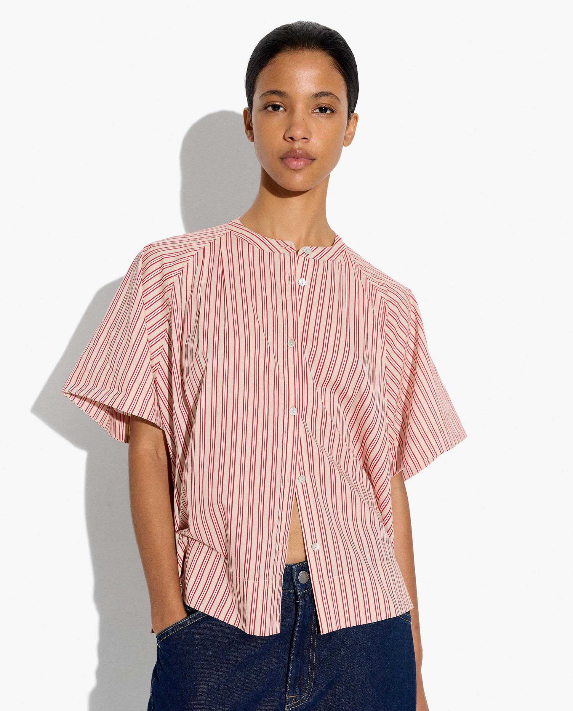 Camisa de mujer 100% algodón de manga corta con estampado de rayas y cuello mao - Parfois - Rojo Rojo-1