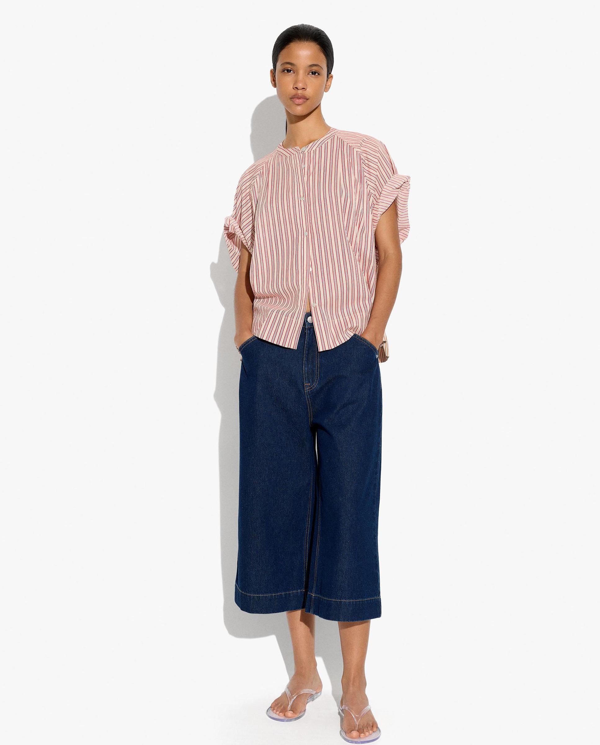 Camisa de mujer 100% algodón de manga corta con estampado de rayas y cuello mao - Parfois - Rojo Rojo-2