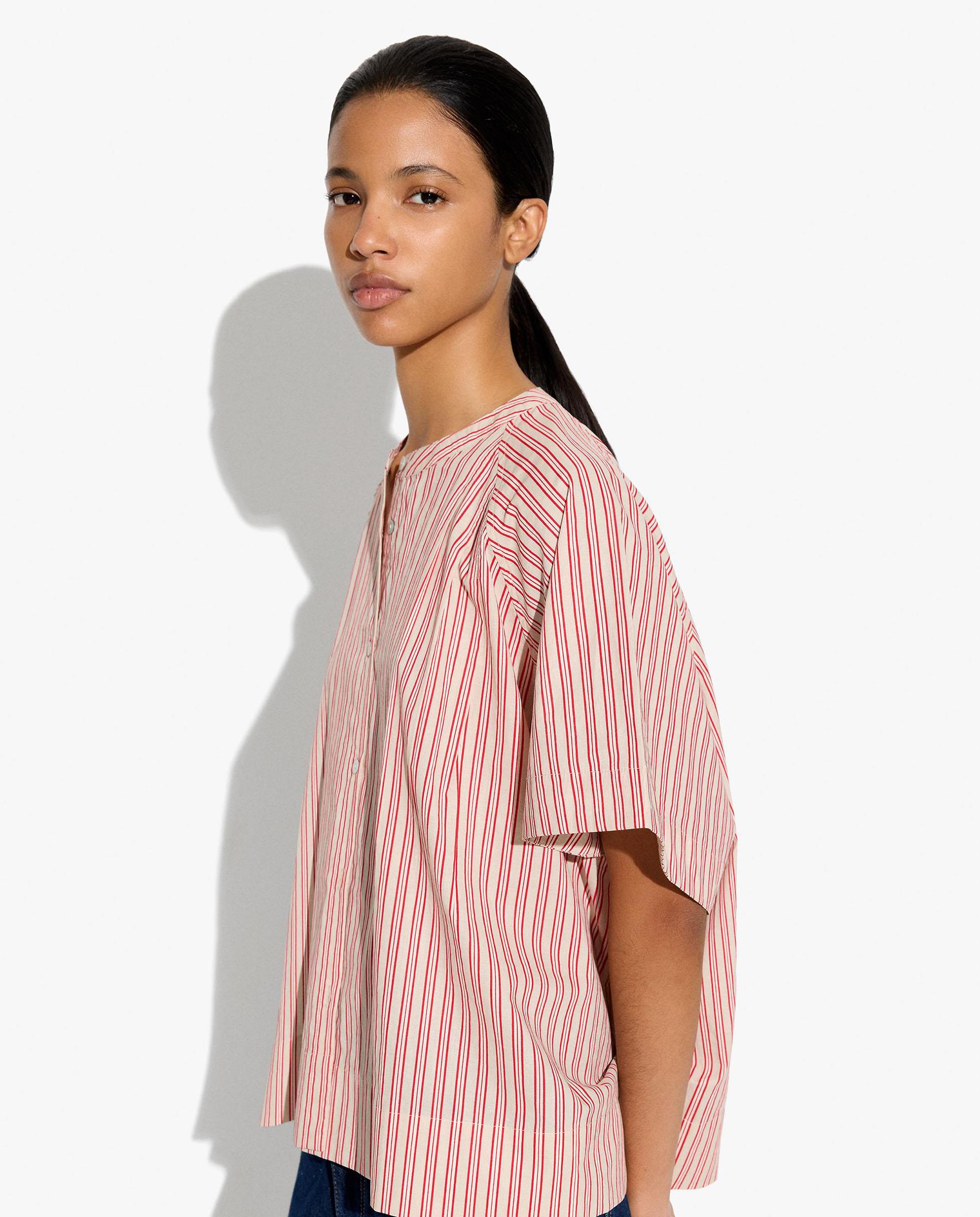 Camisa de mujer 100% algodón de manga corta con estampado de rayas y cuello mao - Parfois - Rojo Rojo-3