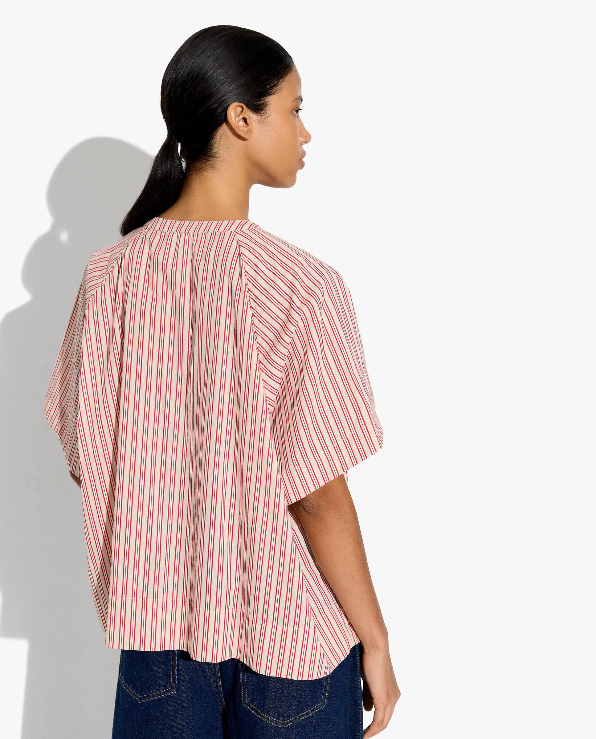 Camisa de mujer 100% algodón de manga corta con estampado de rayas y cuello mao - Parfois - Rojo Rojo-4