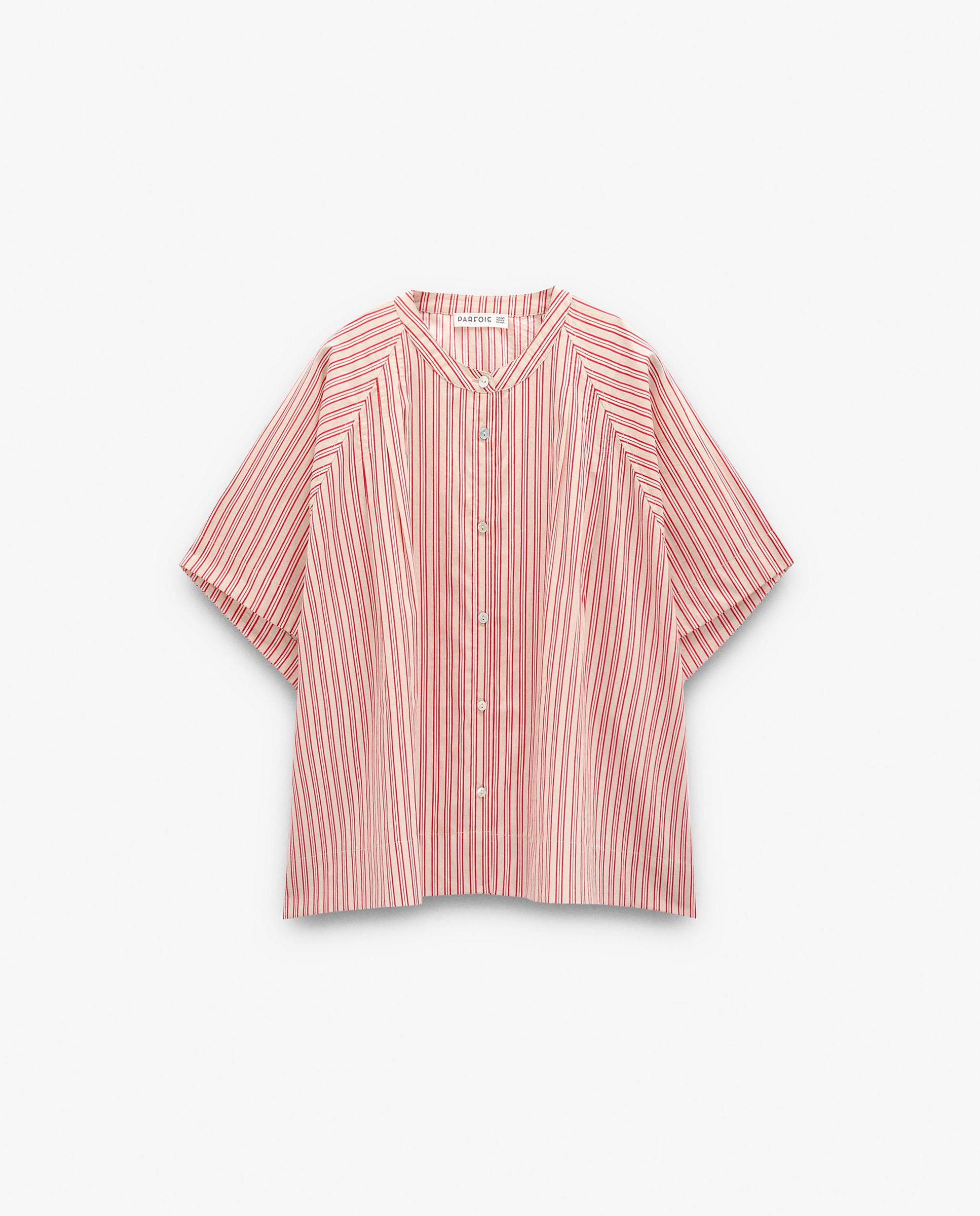 Camisa de mujer 100% algodón de manga corta con estampado de rayas y cuello mao - Parfois - Rojo Rojo-6