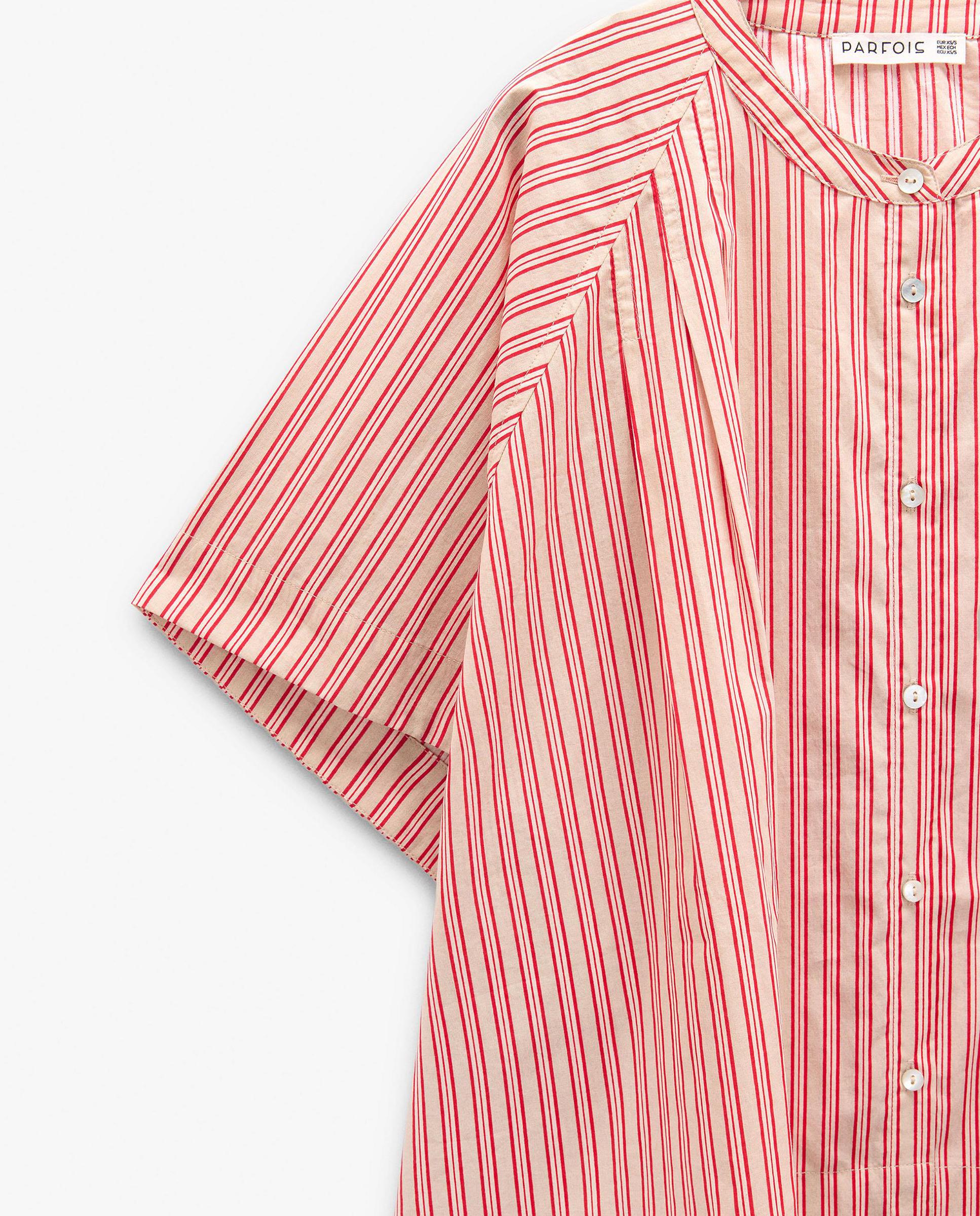 Camisa de mujer 100% algodón de manga corta con estampado de rayas y cuello mao - Parfois - Rojo Rojo-5