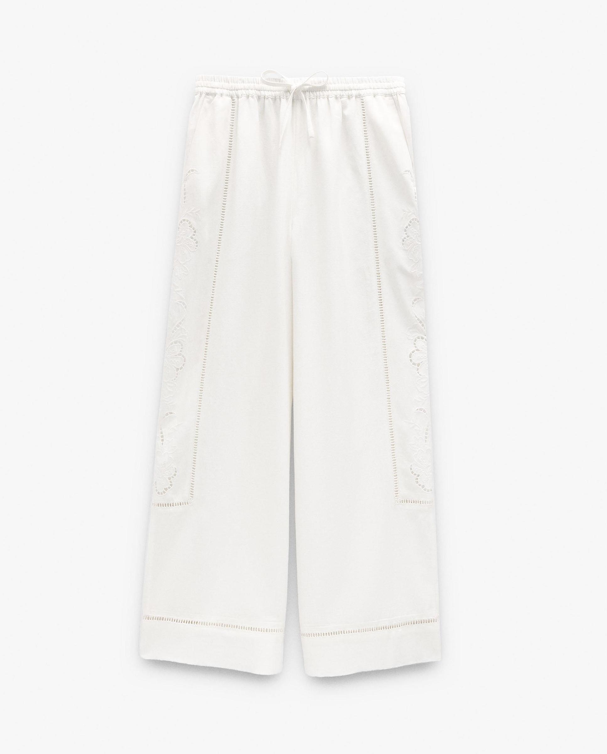 Pantalones rectos de mujer con cordón ajustable y detalles bordados - Parfois - Crudo Crudo-6