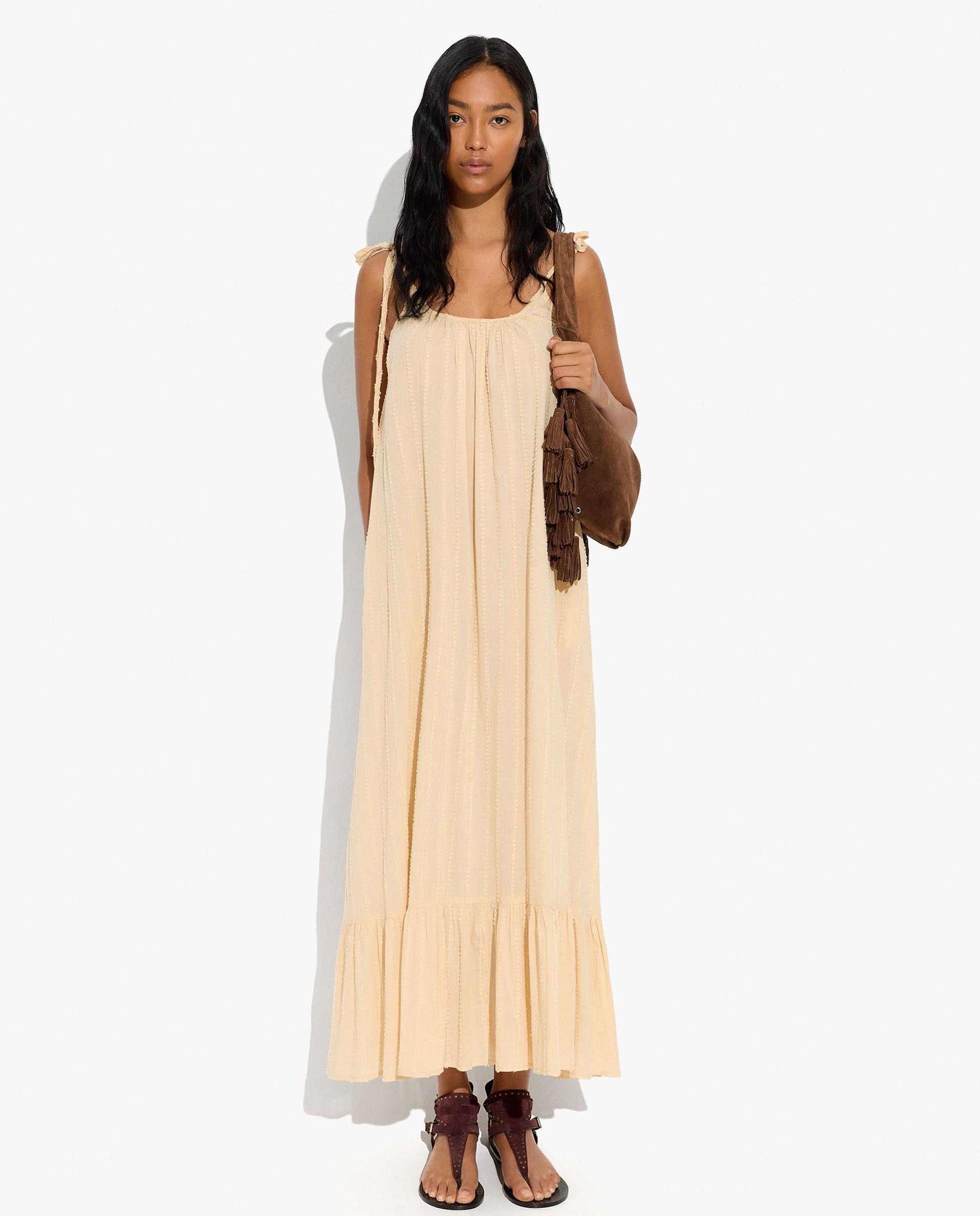 Vestido largo 100% algodón de tirantes con volante - Parfois - Beige Beige-1