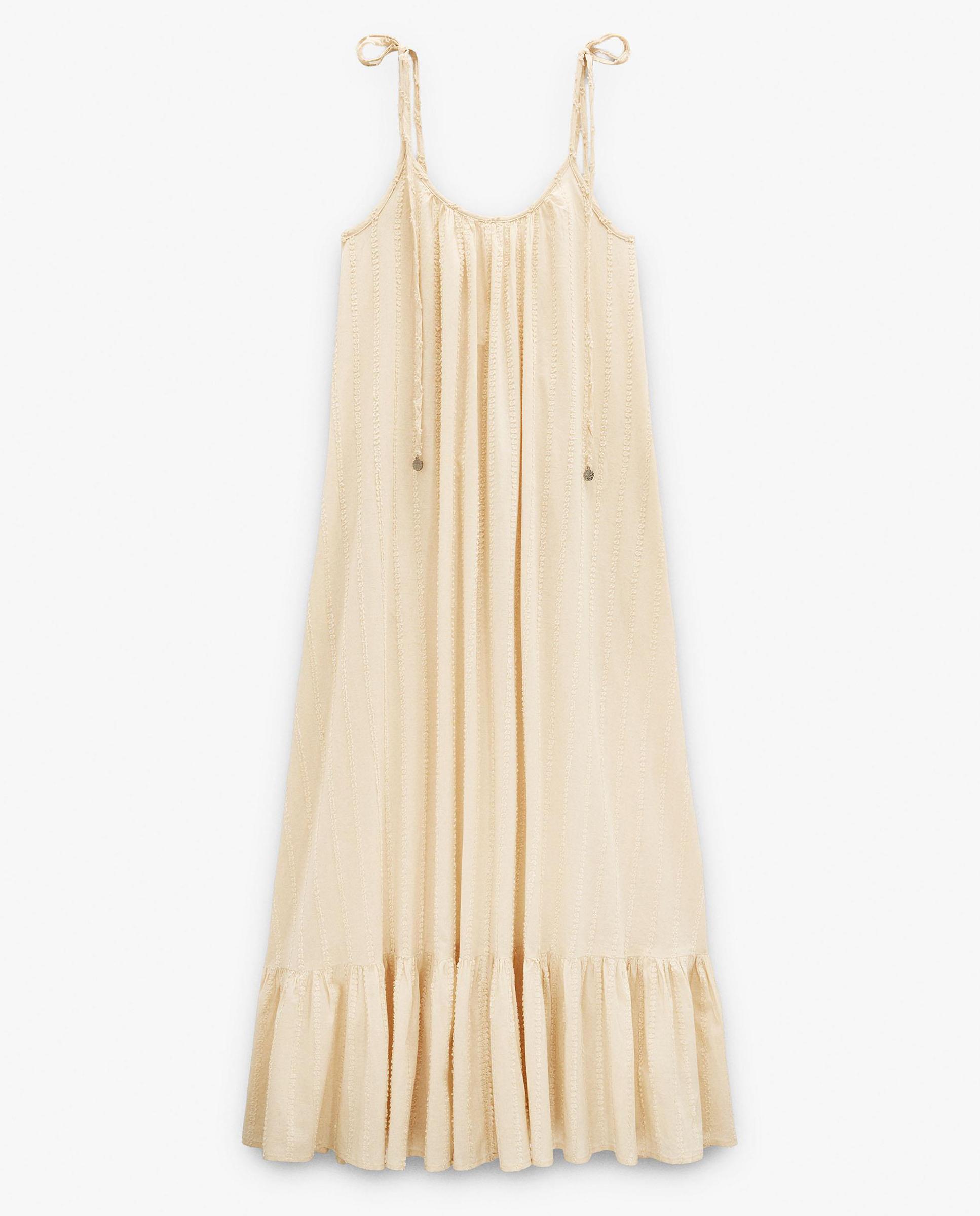 Vestido largo 100% algodón de tirantes con volante - Parfois - Beige Beige-6