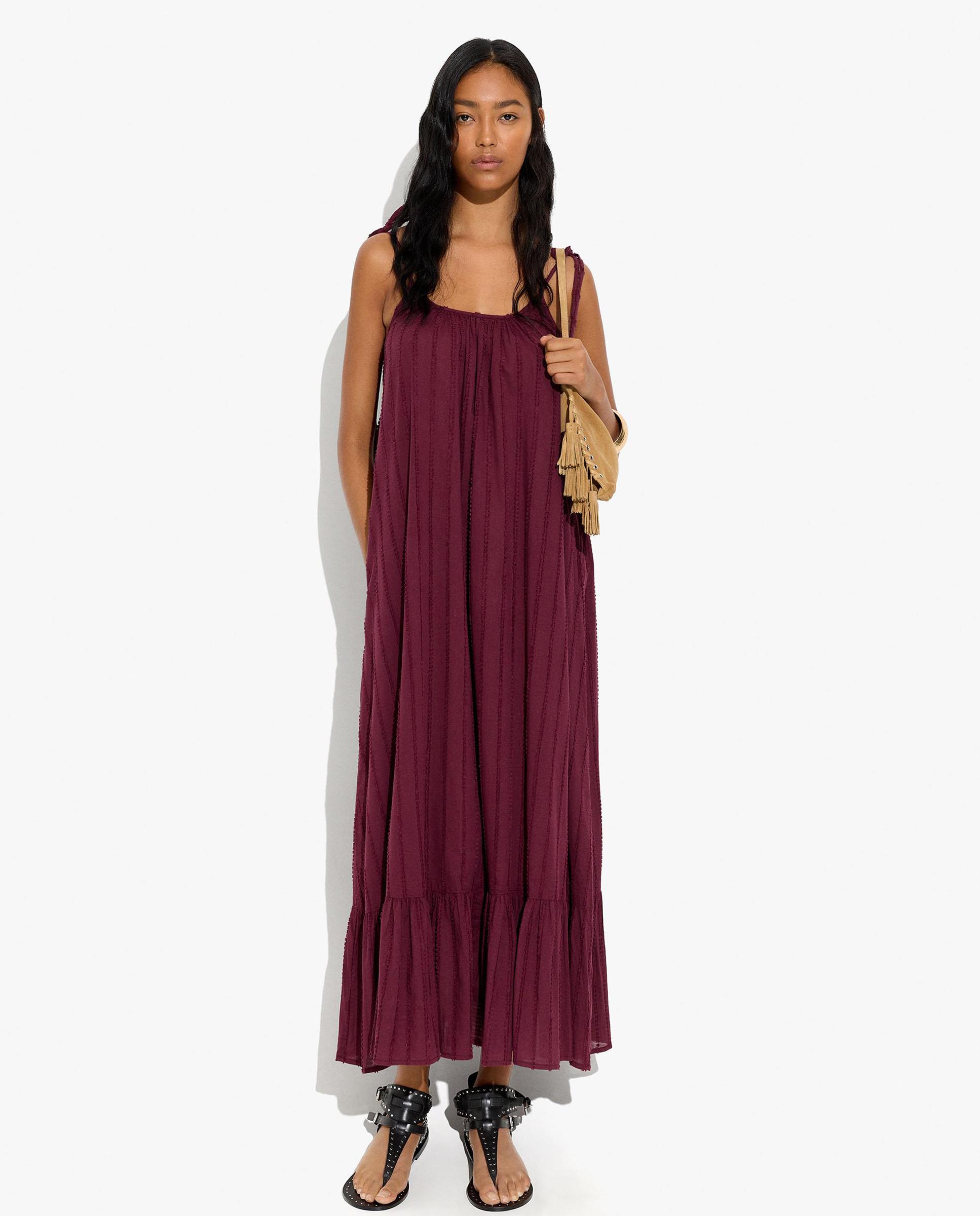 Vestido largo 100% algodón de tirantes con volante - Parfois - Burdeos Burdeos-1