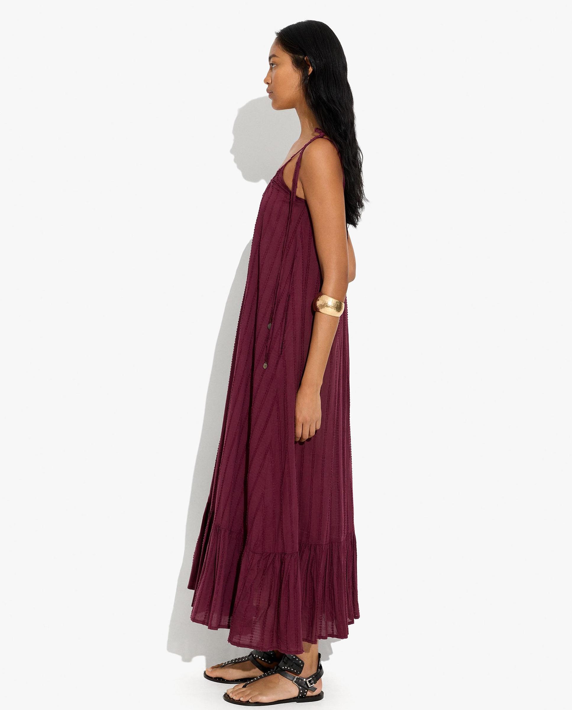 Vestido largo 100% algodón de tirantes con volante - Parfois - Burdeos Burdeos-3