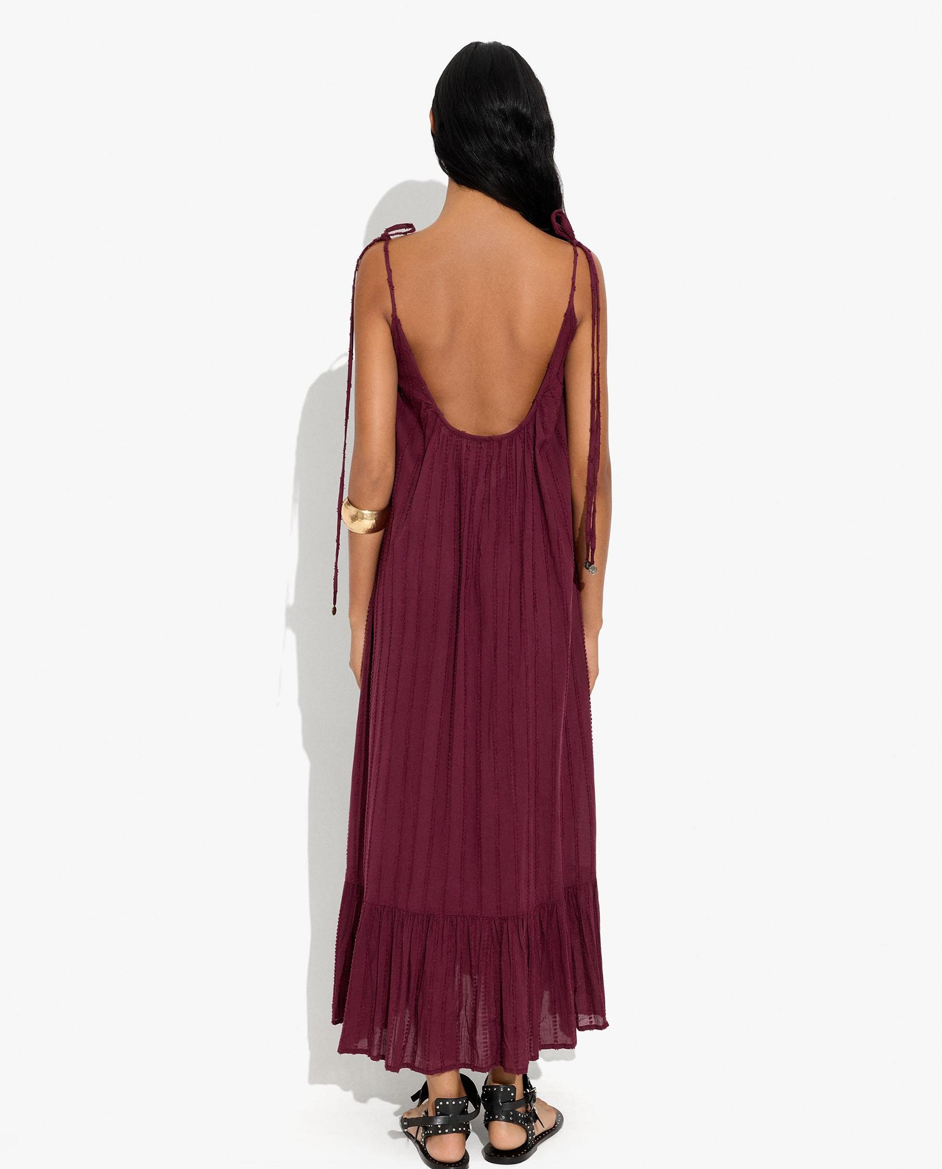 Vestido largo 100% algodón de tirantes con volante - Parfois - Burdeos Burdeos-4