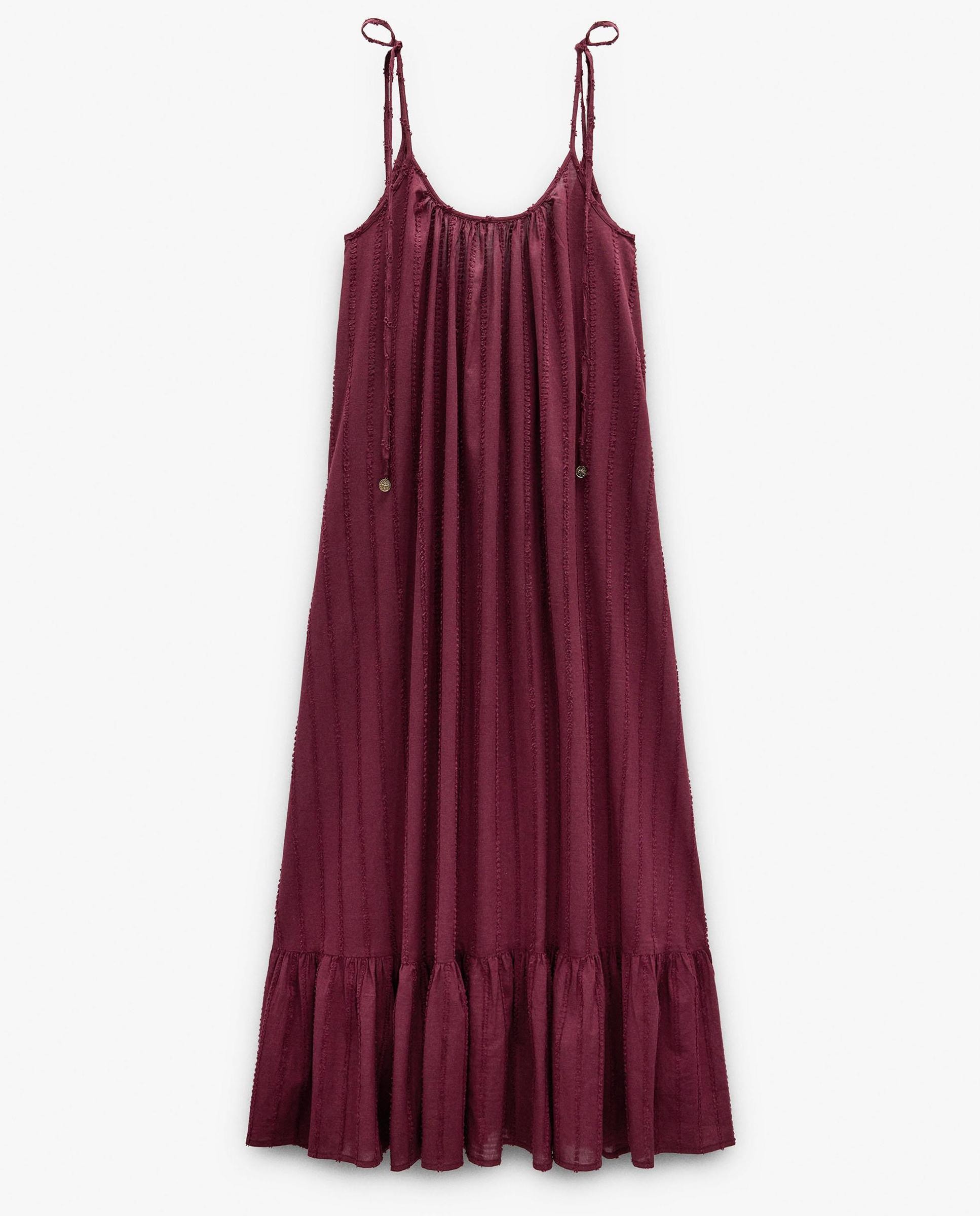 Vestido largo 100% algodón de tirantes con volante - Parfois - Burdeos Burdeos-6