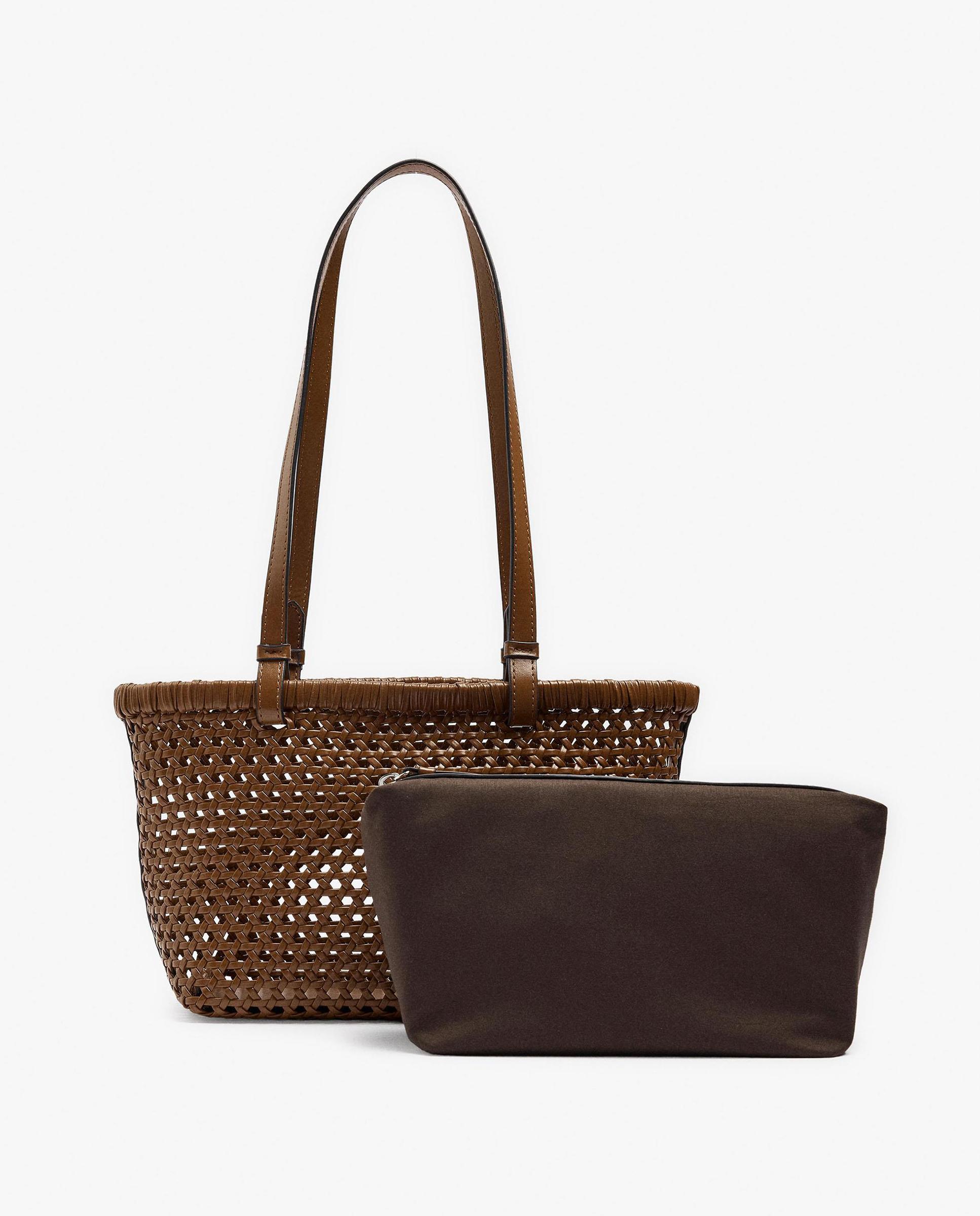 Bolso de mano estilo tote trenzado con neceser extraíble en liso - Parfois - Marrón oscuro Marrón oscuro-3