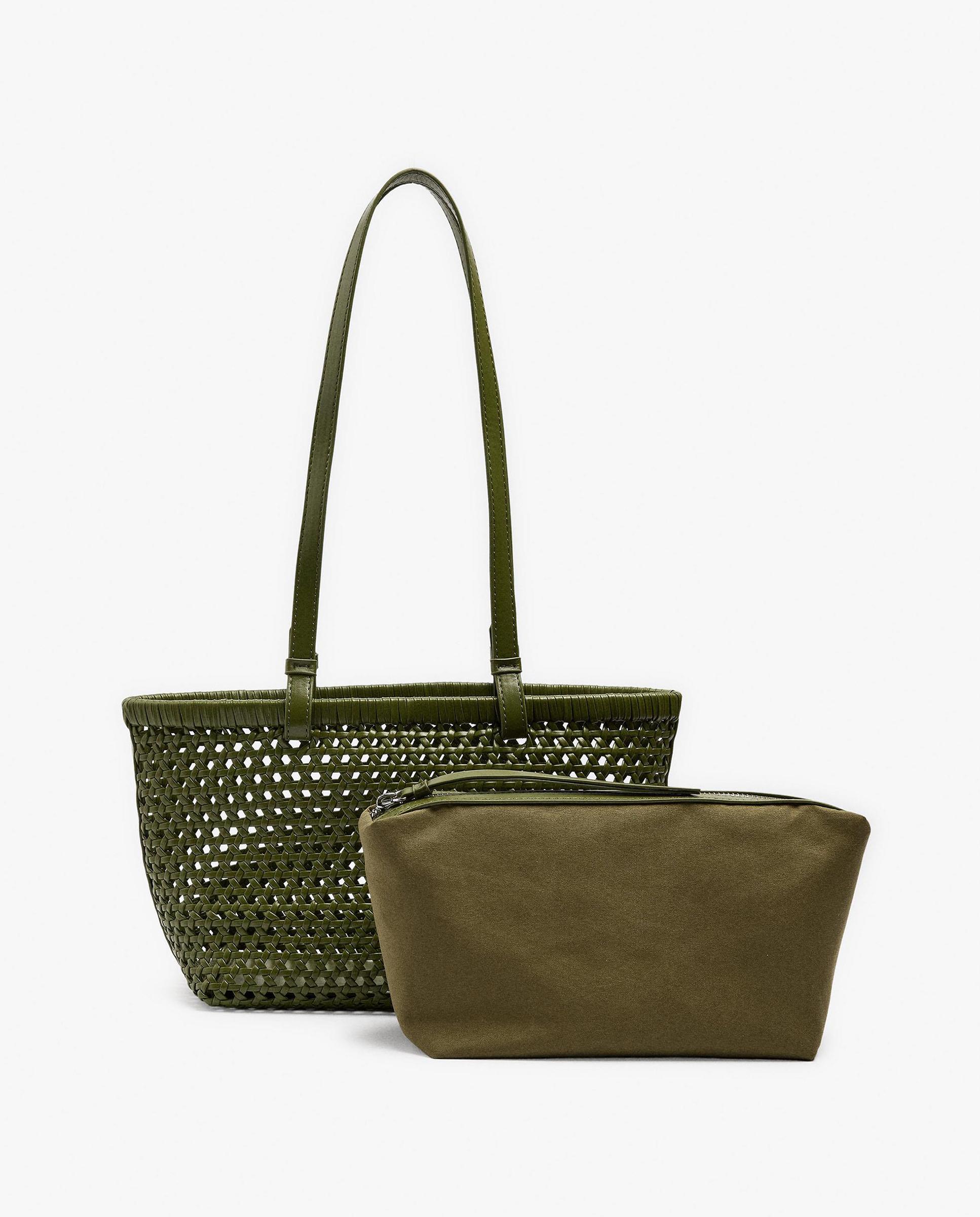 Bolso de mano estilo tote trenzado con neceser extraíble en liso - Parfois - Verde Verde-3