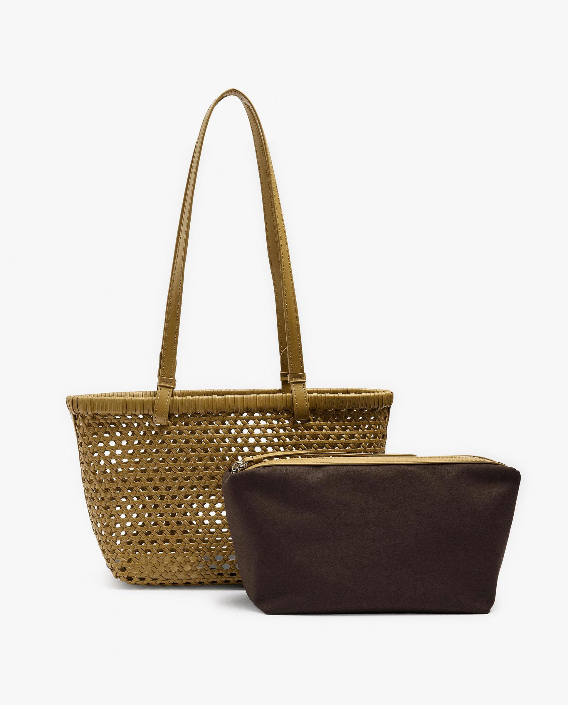 Bolso de mano estilo tote trenzado con neceser extraíble en liso - Parfois - Mostaza Mostaza-3