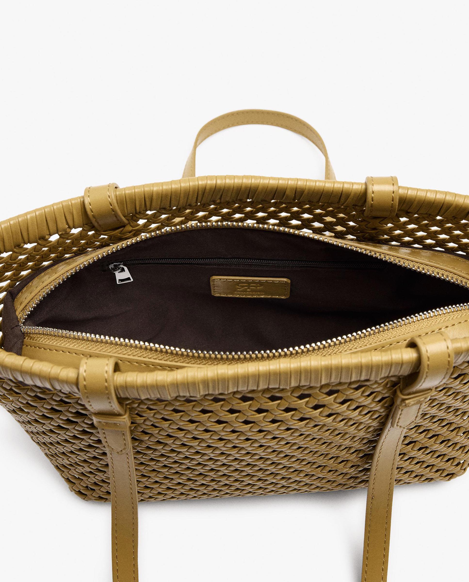 Bolso de mano estilo tote trenzado con neceser extraíble en liso - Parfois - Mostaza Mostaza-5