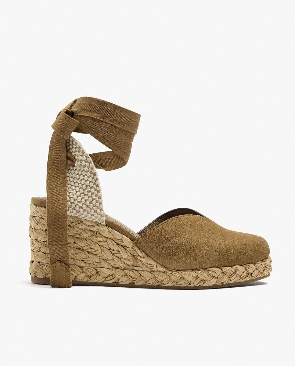 Alpargatas de cuña de mujer de piel con cintas en liso - Parfois - Camel Camel-1