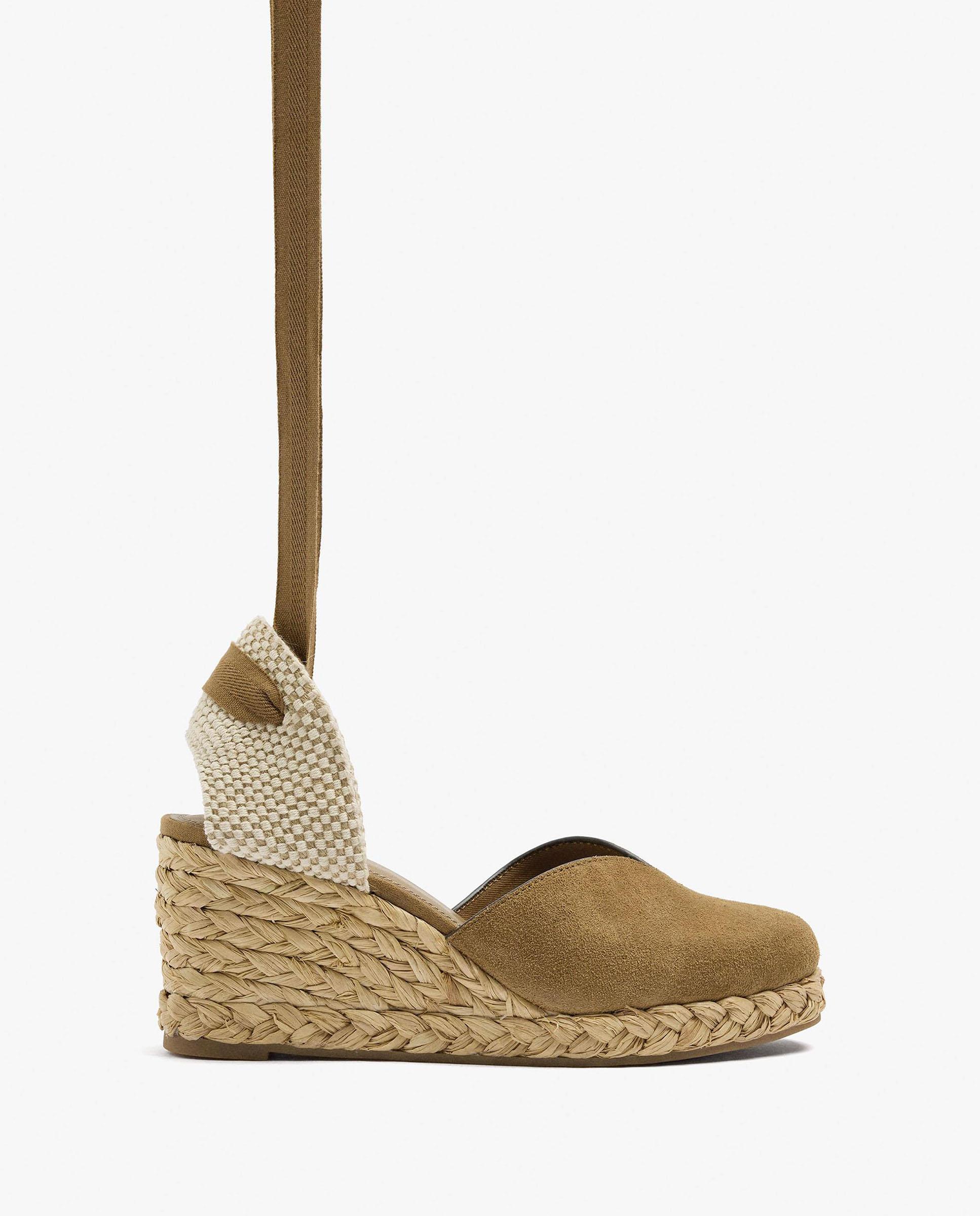 Alpargatas de cuña de mujer de piel con cintas en liso - Parfois - Camel Camel-2