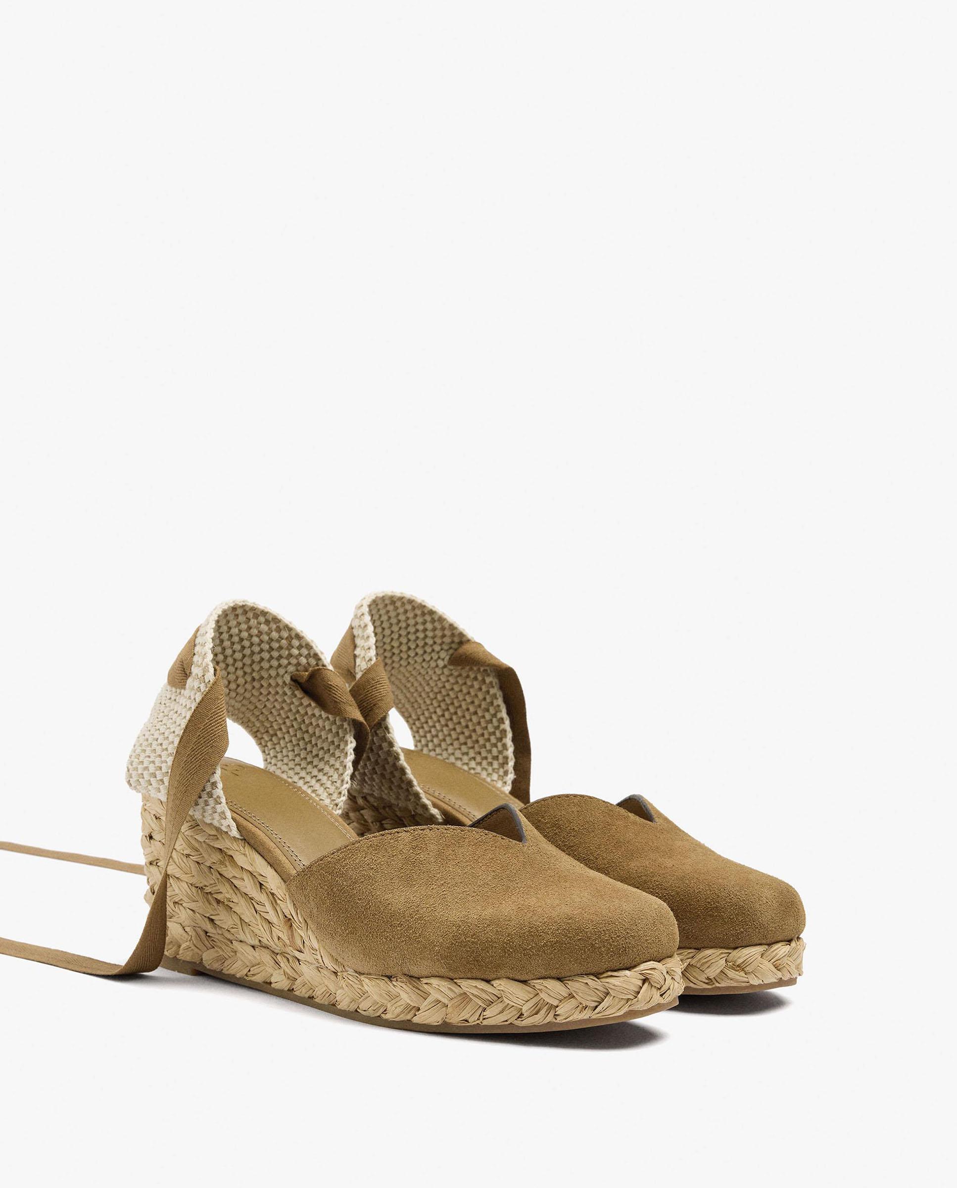 Alpargatas de cuña de mujer de piel con cintas en liso - Parfois - Camel Camel-4