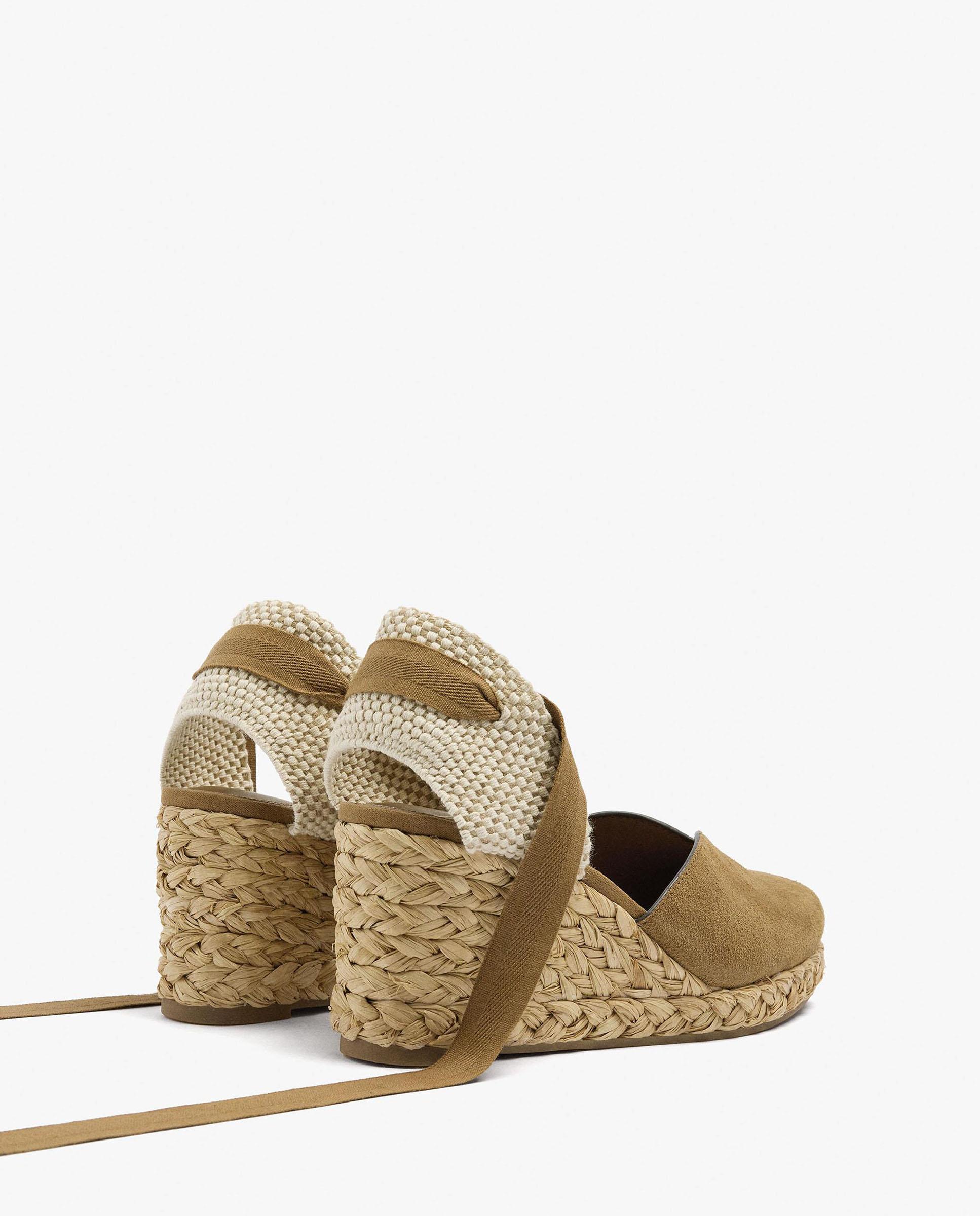 Alpargatas de cuña de mujer de piel con cintas en liso - Parfois - Camel Camel-5