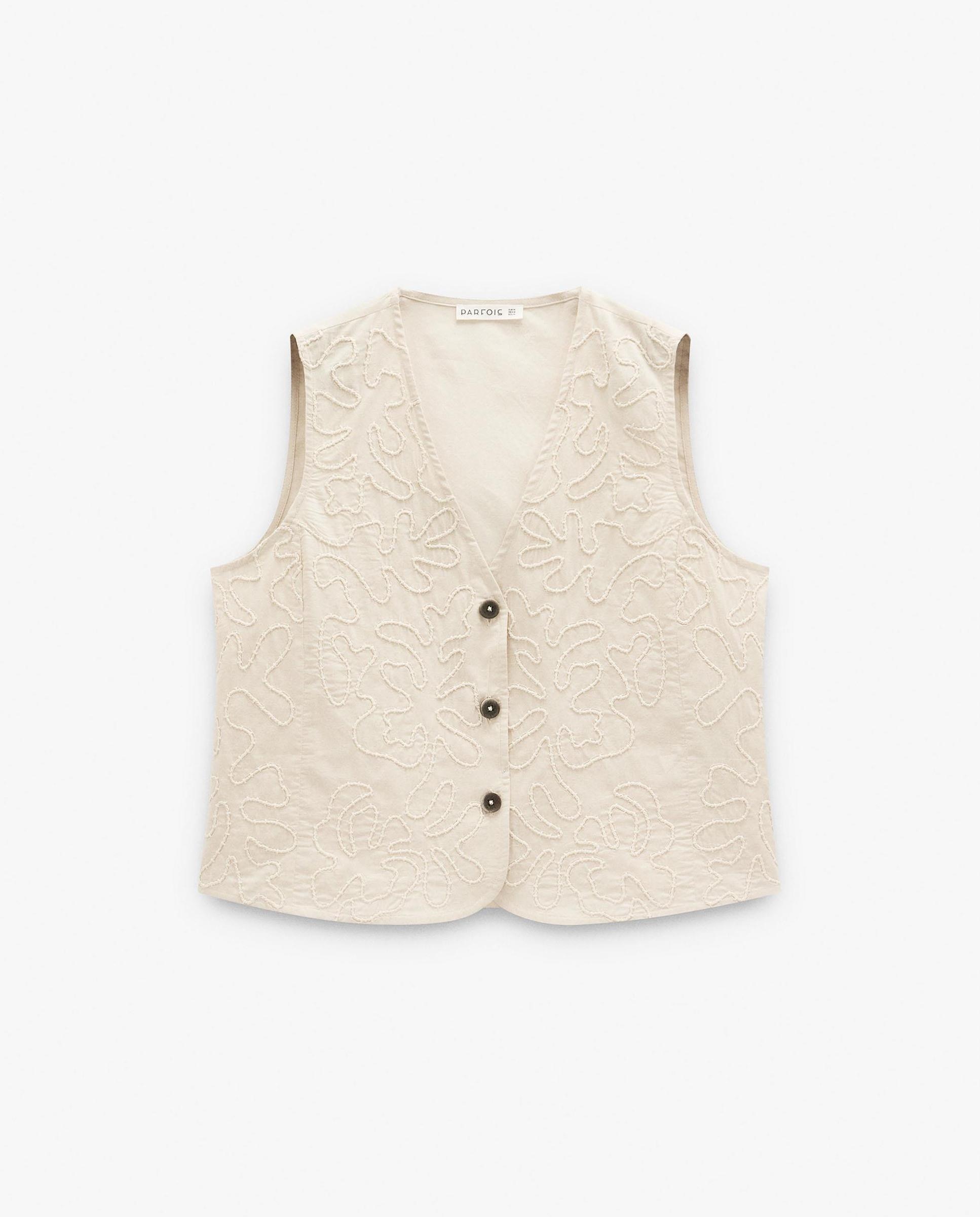Chaleco de mujer 100% algodón con botones y bordados - Parfois - Natural Natural-7