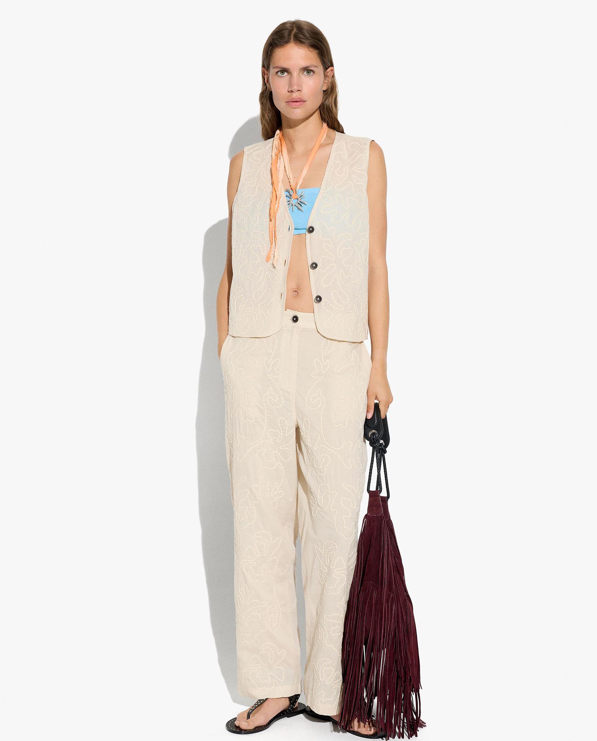 Pantalones rectos de mujer 100% algodón con bordados - Parfois - Natural Natural-5