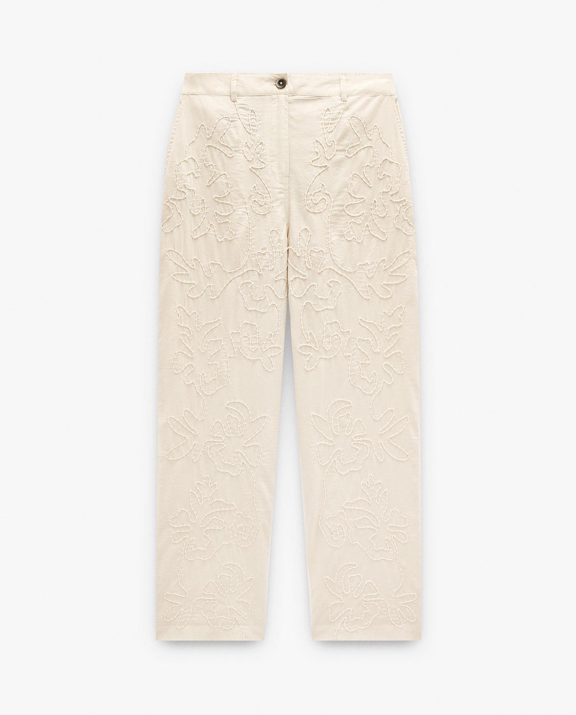 Pantalones rectos de mujer 100% algodón con bordados - Parfois - Natural Natural-7