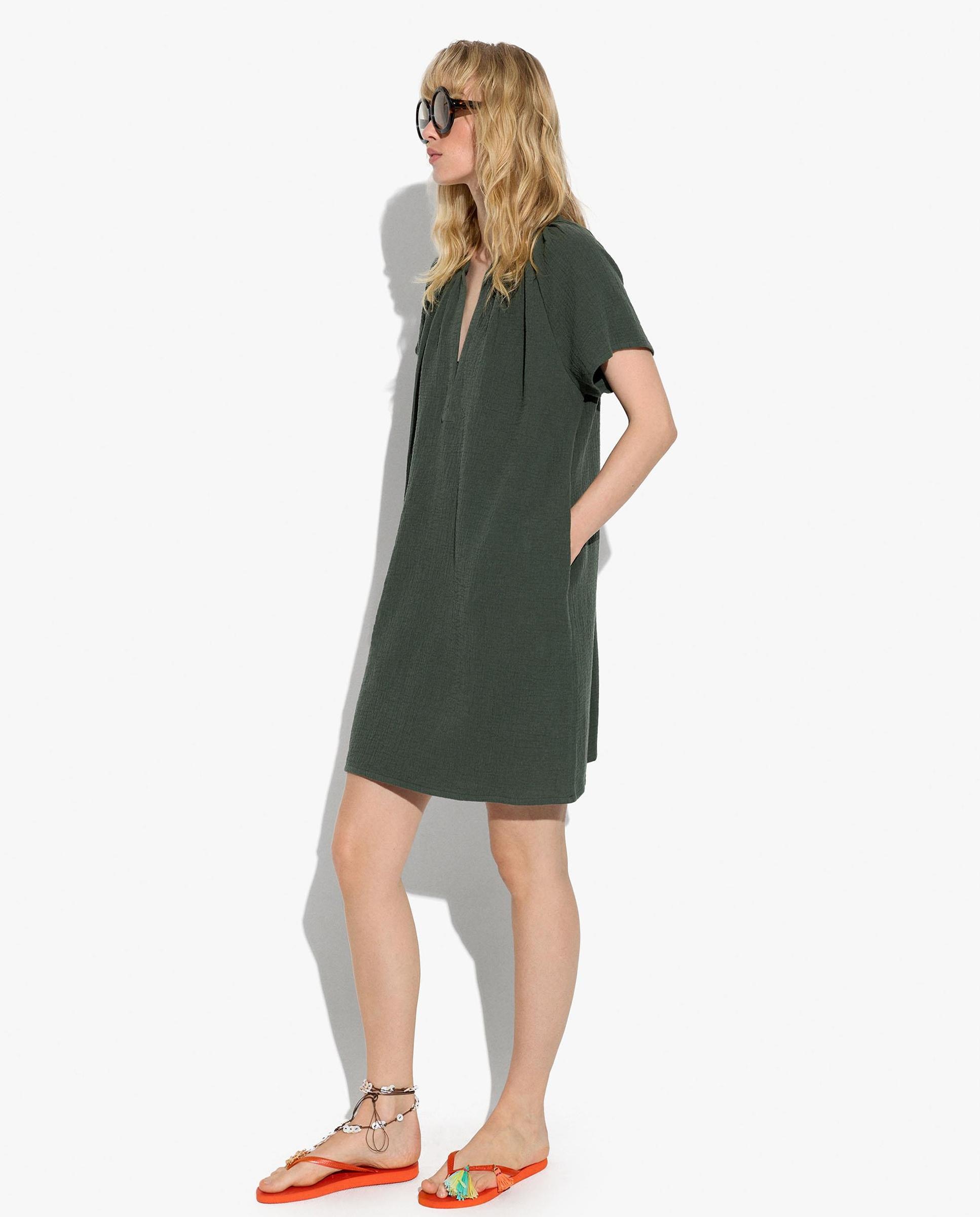Vestido corto 100% algodón fluido de manga corta - Parfois - Kaki Kaki-2