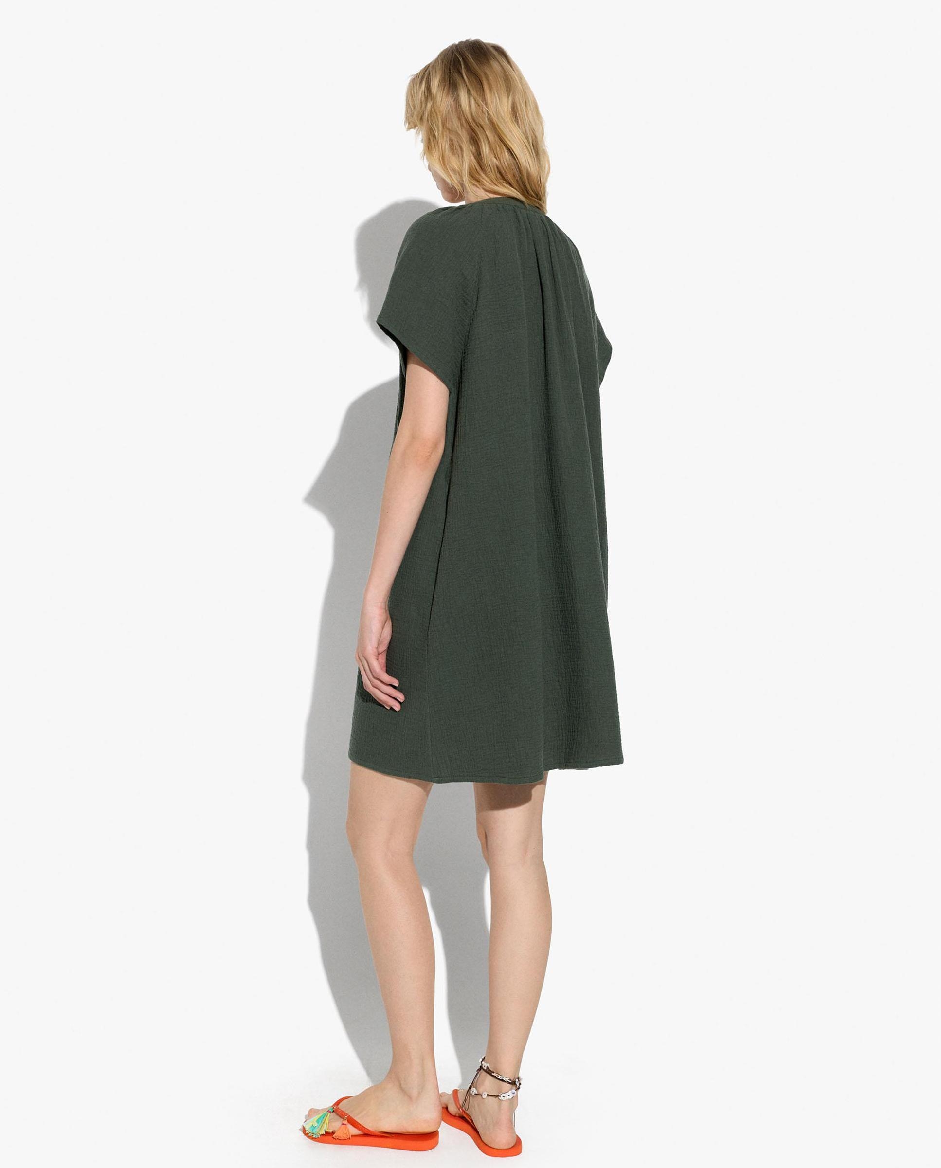 Vestido corto 100% algodón fluido de manga corta - Parfois - Kaki Kaki-3