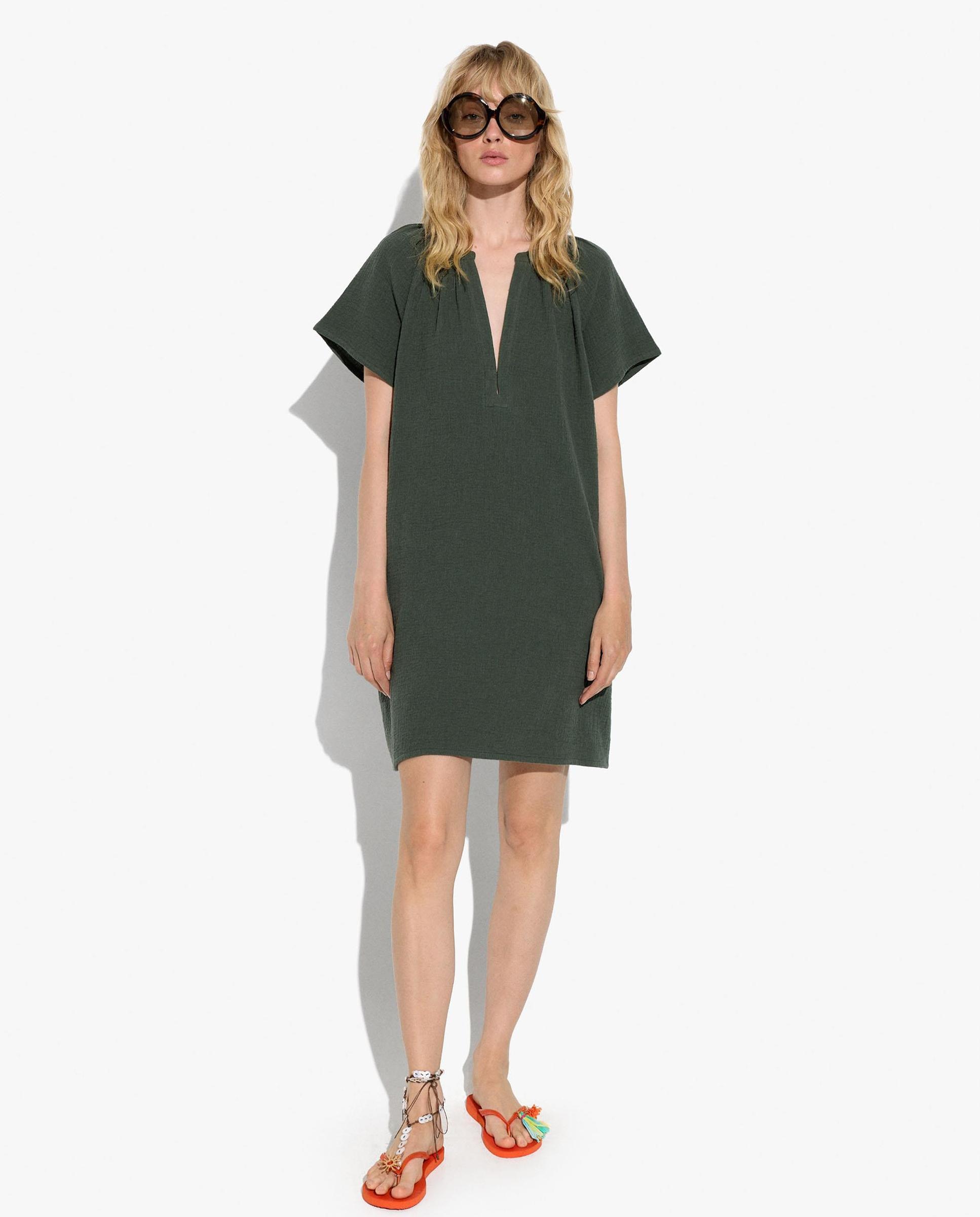 Vestido corto 100% algodón fluido de manga corta - Parfois - Kaki Kaki-4