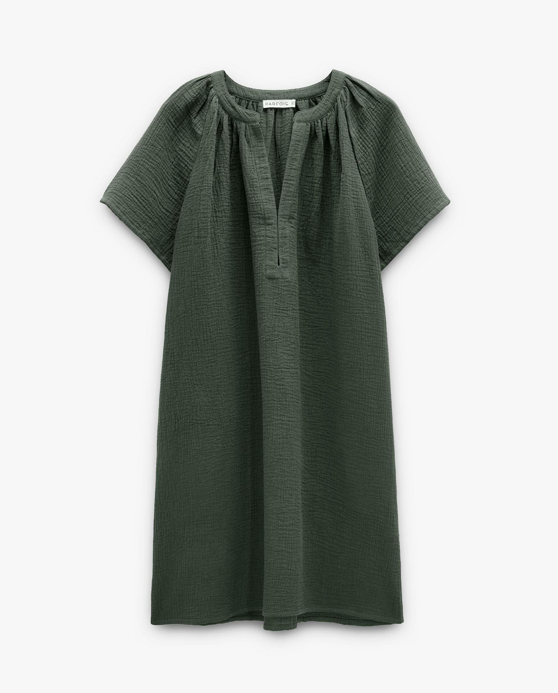 Vestido corto 100% algodón fluido de manga corta - Parfois - Kaki Kaki-6
