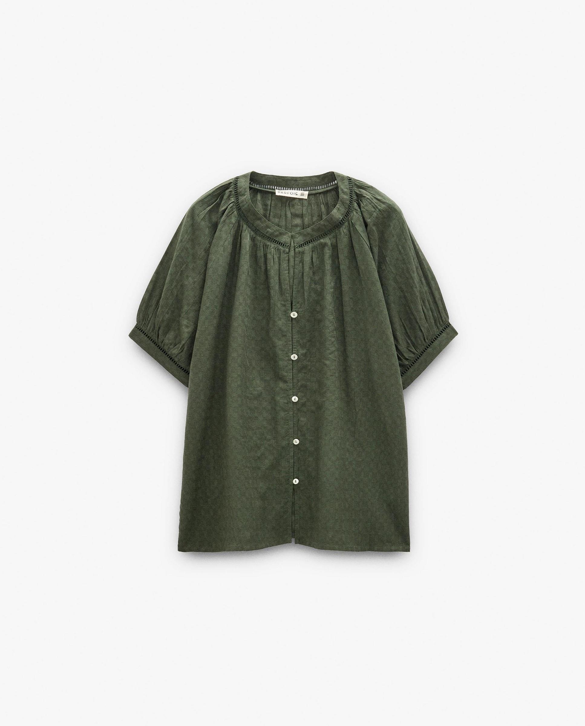 Camisa de mujer 100% algodón de manga corta con cuello mao en liso con bordados - Parfois - Kaki Kaki-7
