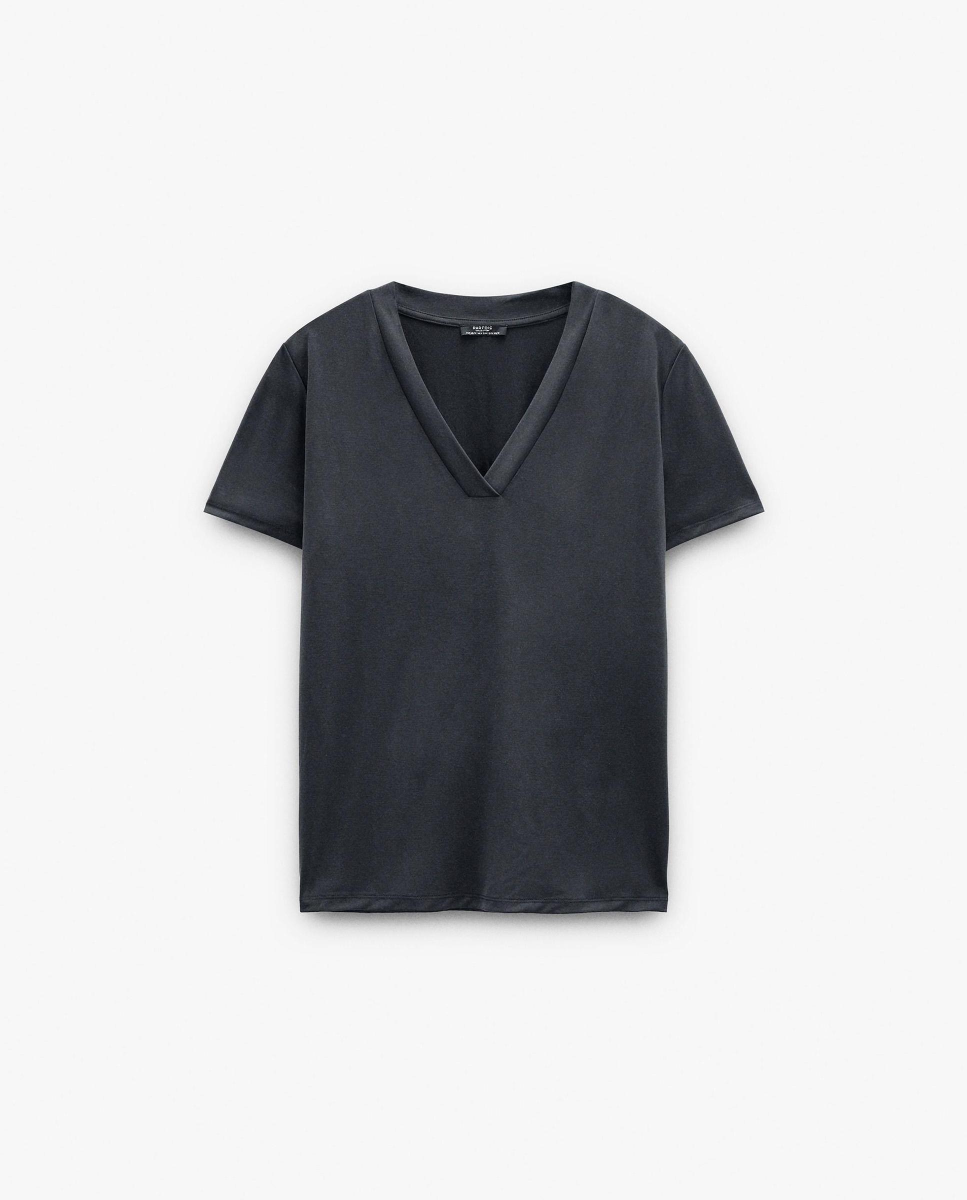 Camiseta de mujer básica de manga corta con cuello pico - Parfois - Gris oscuro Gris oscuro-6