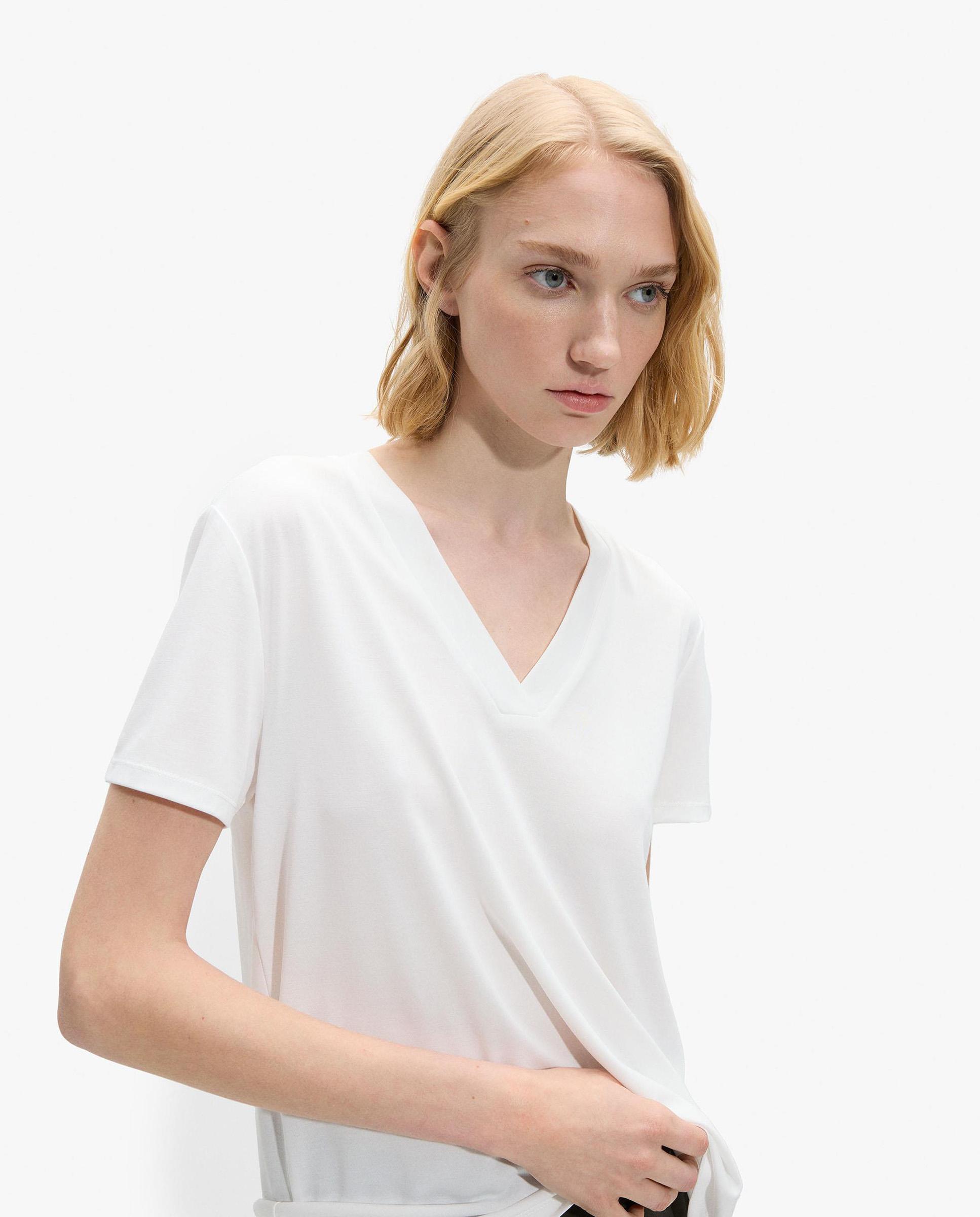 Camiseta de mujer básica de manga corta con cuello pico - Parfois - Blanco Blanco-1