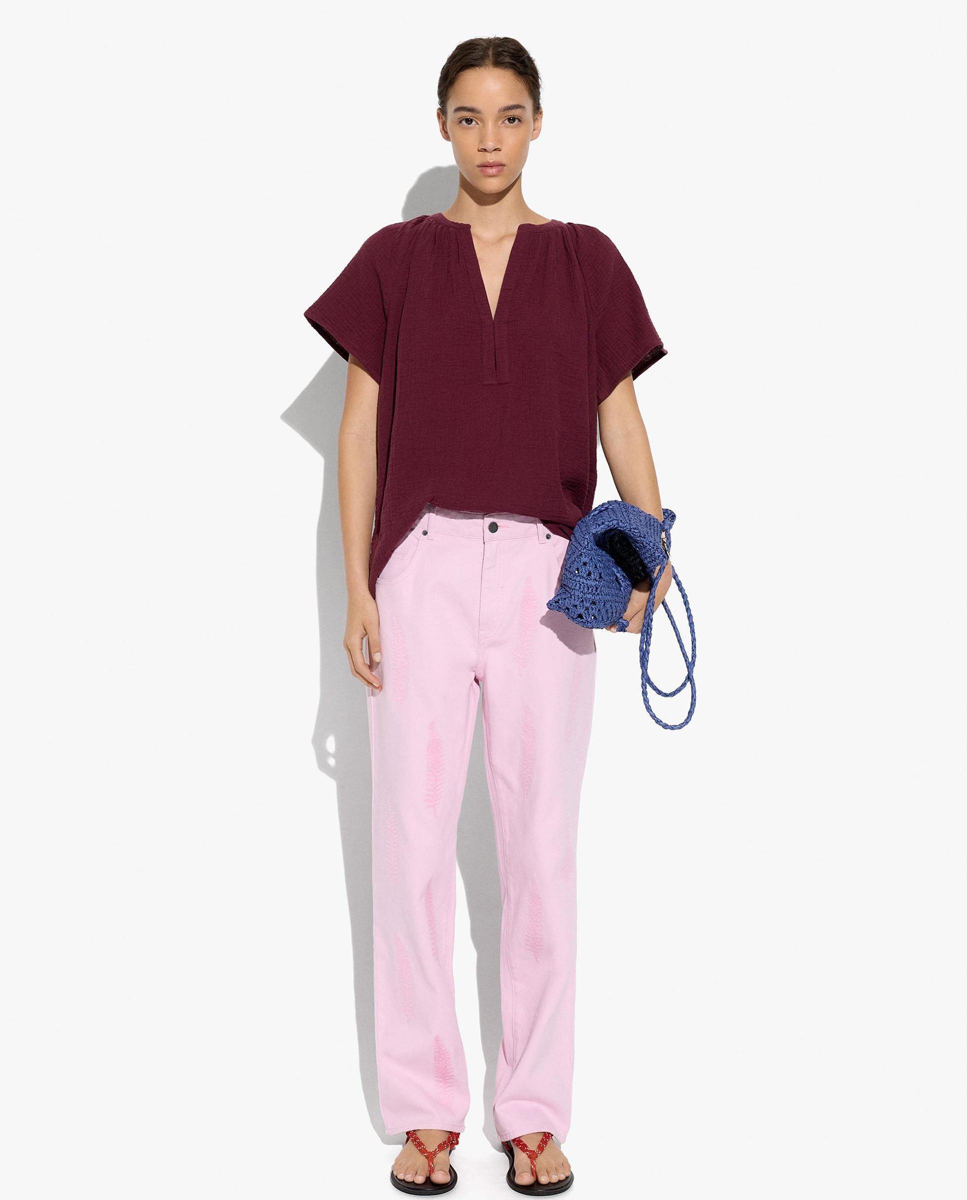 Blusa de mujer 100% algodón de manga corta con cuello pico - Parfois - Burdeos Burdeos-2